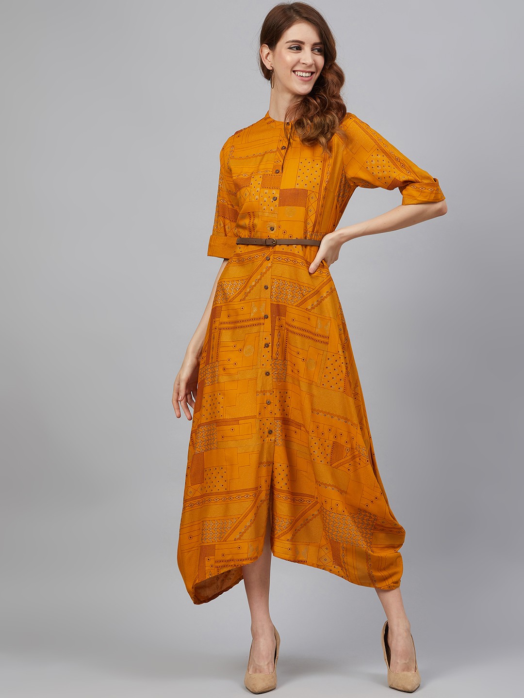 

Juniper Women Mustard Yellow & Red Foil Printed Asymmetric Maxi Dress With Belt