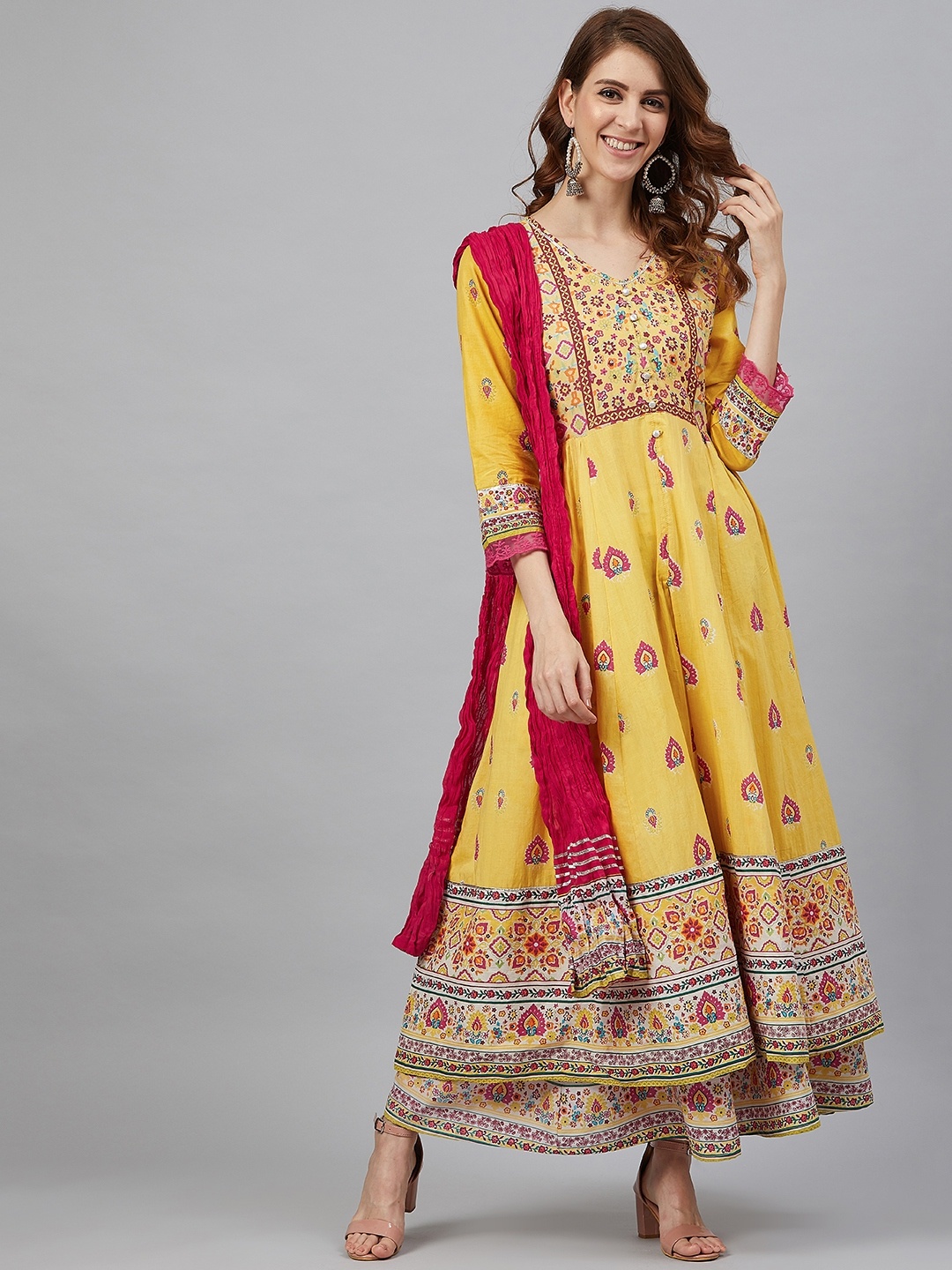 

Juniper Women Mustard Yellow & Pink Cambric Printed Anarkali Kurta with Dupatta