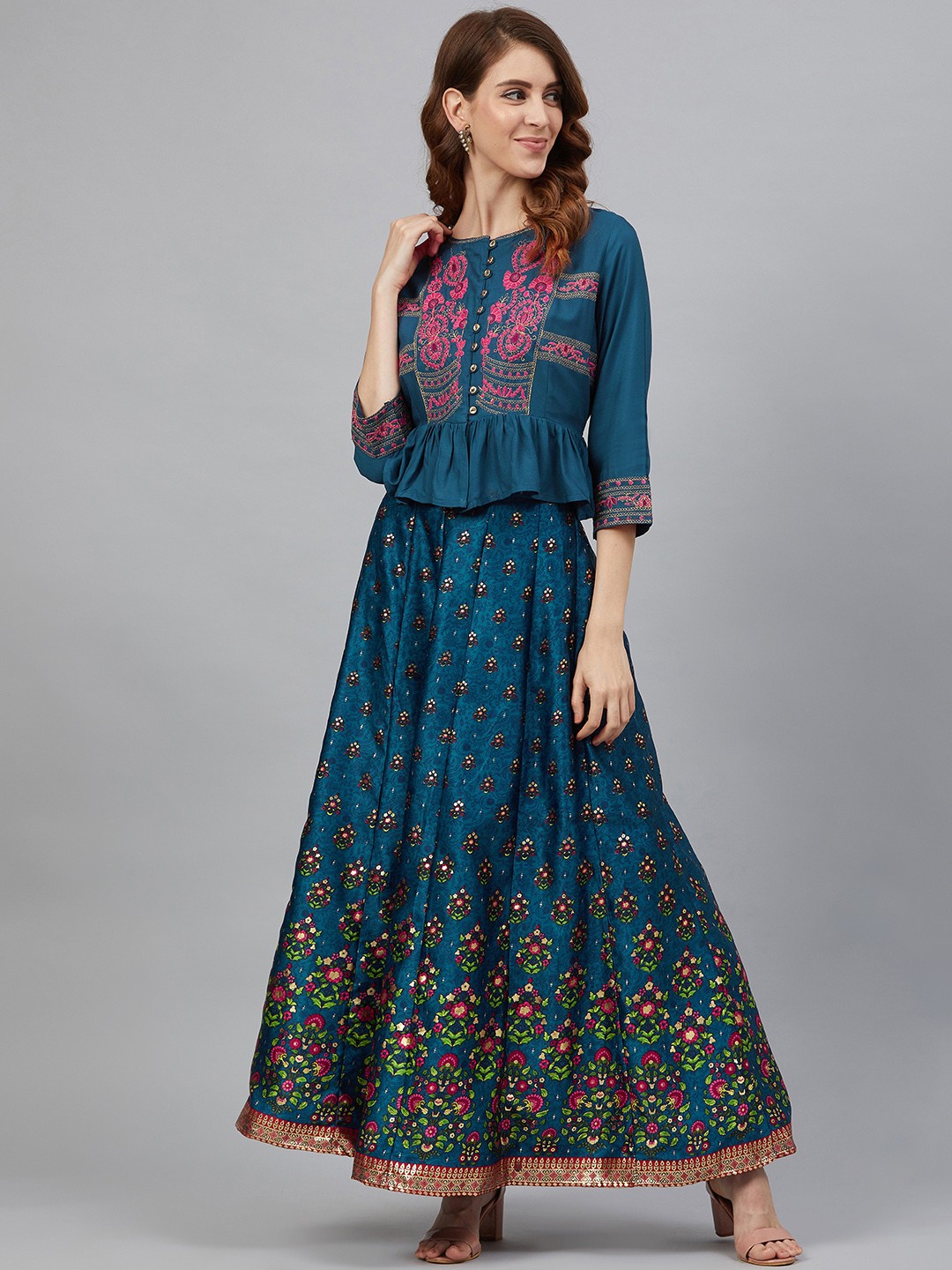 

Juniper Women Teal Blue & Pink Embroidered Top with Printed Skirt