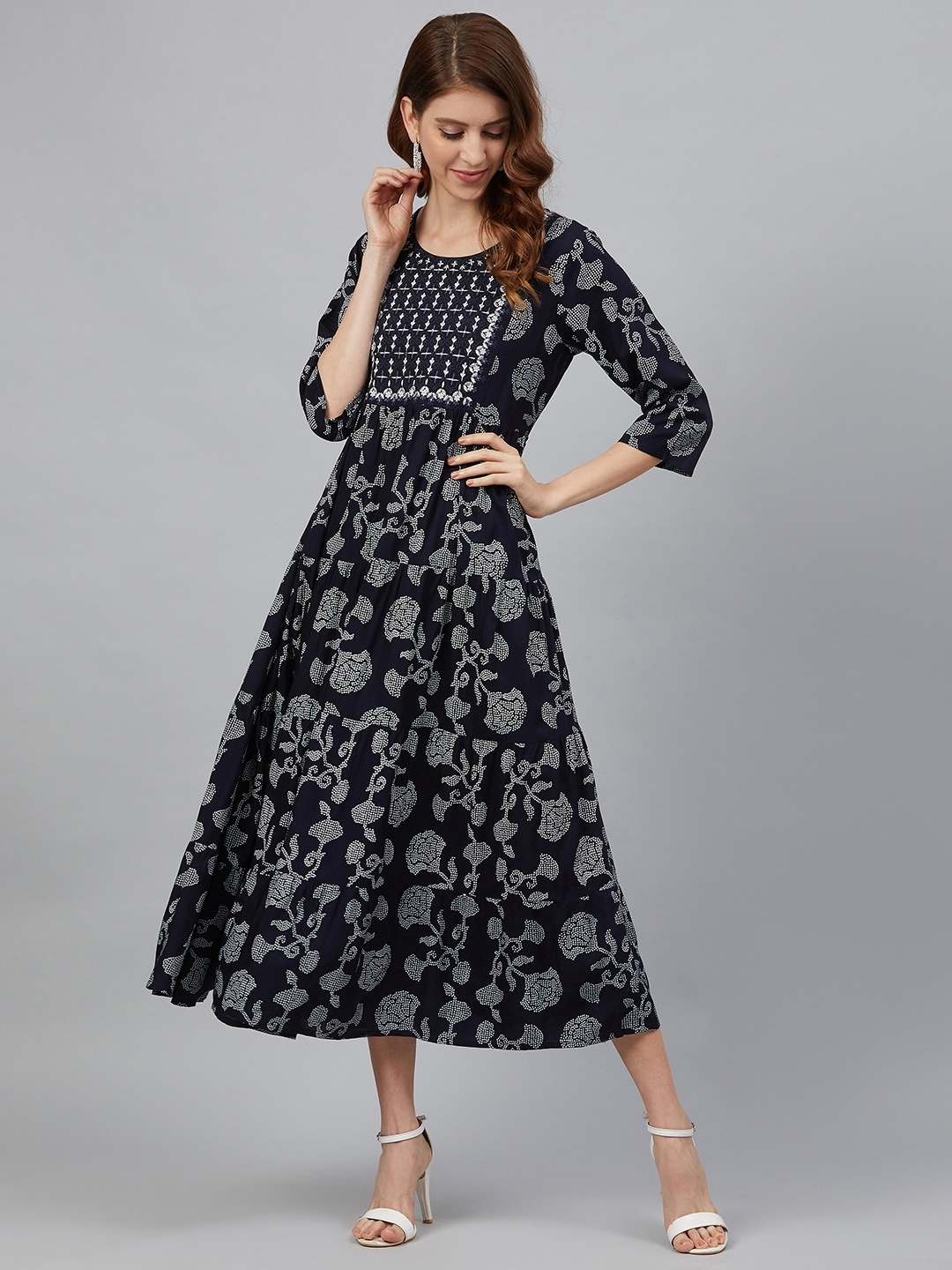 

Juniper Women Navy Blue & Off White Printed Tiered A-Line Dress