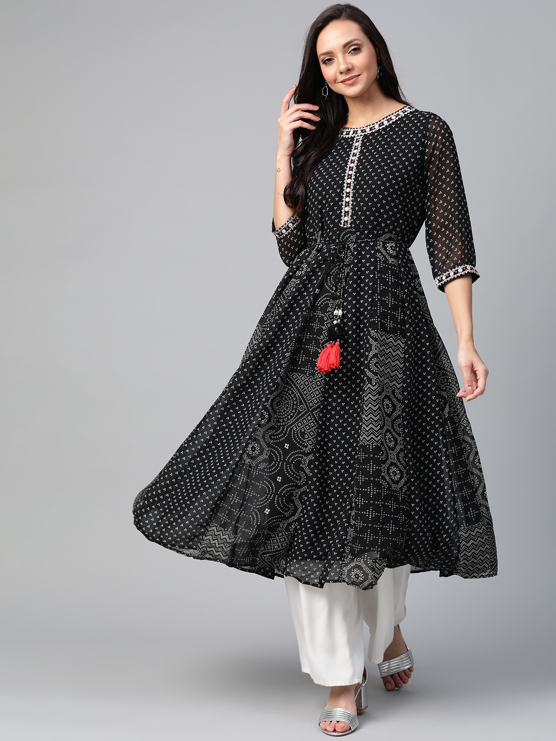 

Juniper Women Black & White Printed Anarkali Kurta