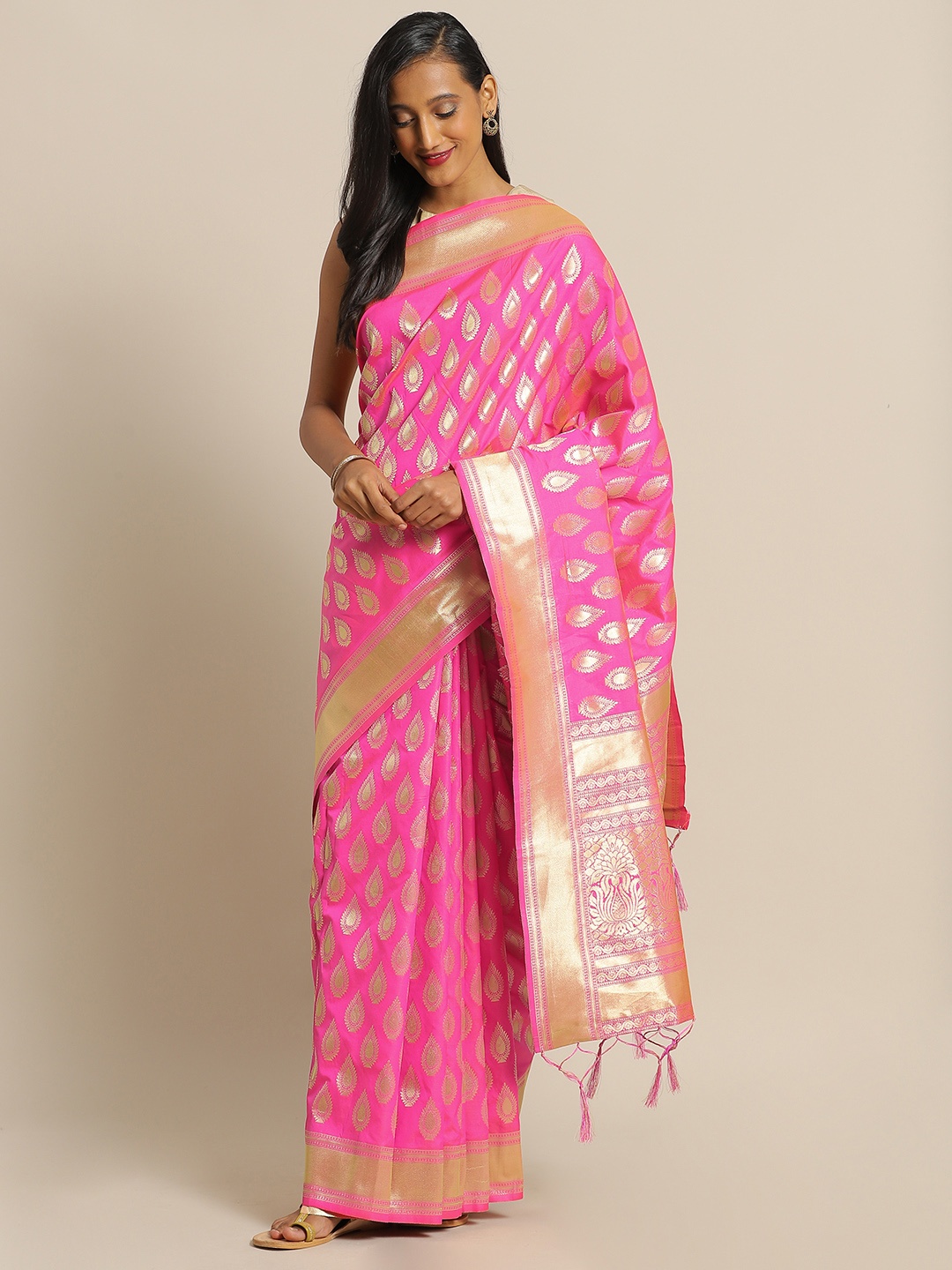 

Mitera Pink & Gold-Toned Silk Blend Woven Design Banarasi Saree