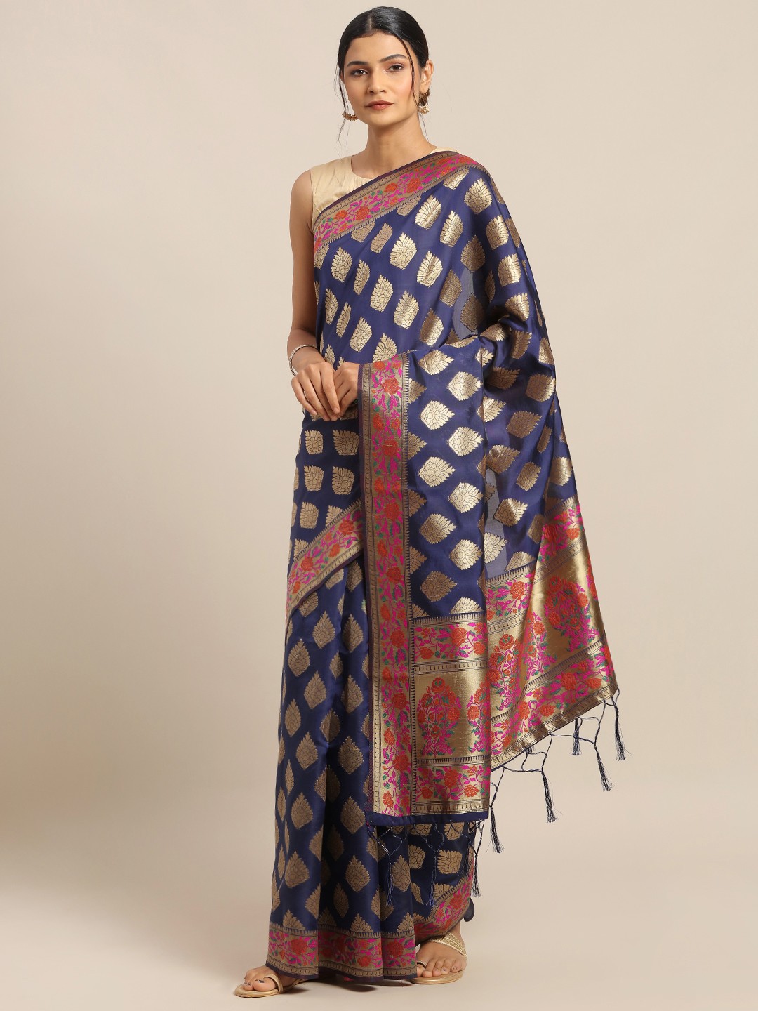 

Mitera Navy Blue & Golden Silk Blend Woven Design Banarasi Saree