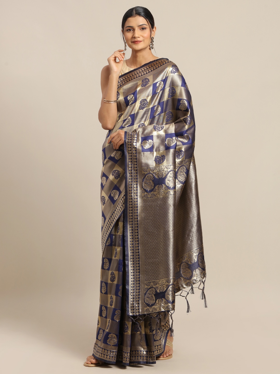 

Mitera Navy Blue & Gold-Coloured Silk Blend Woven Design Banarasi Saree