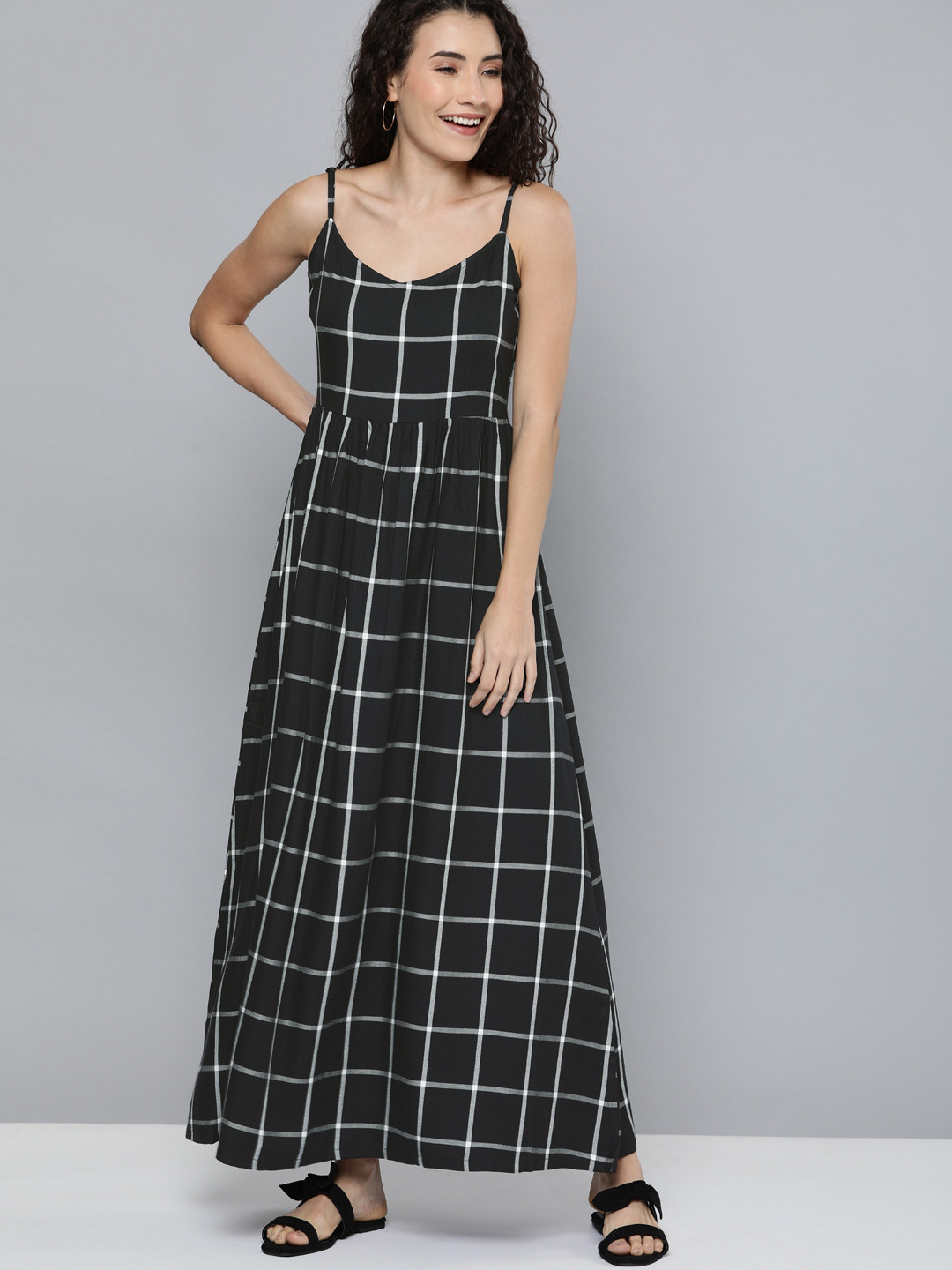 

HERE&NOW Women Black & White Checked Maxi Dress