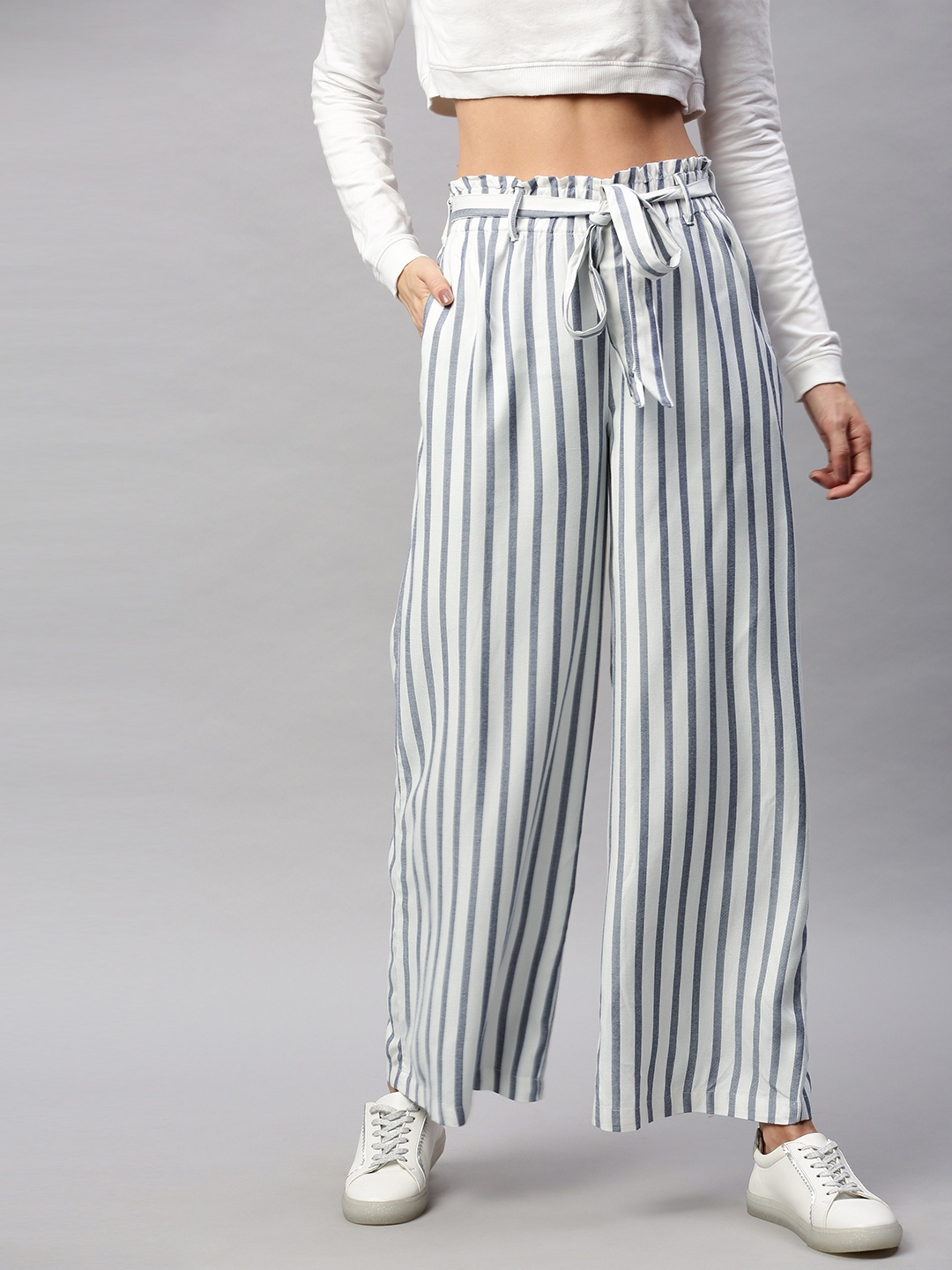 

HERE&NOW Women White & Navy Blue Regular Fit Striped Parallel Trousers