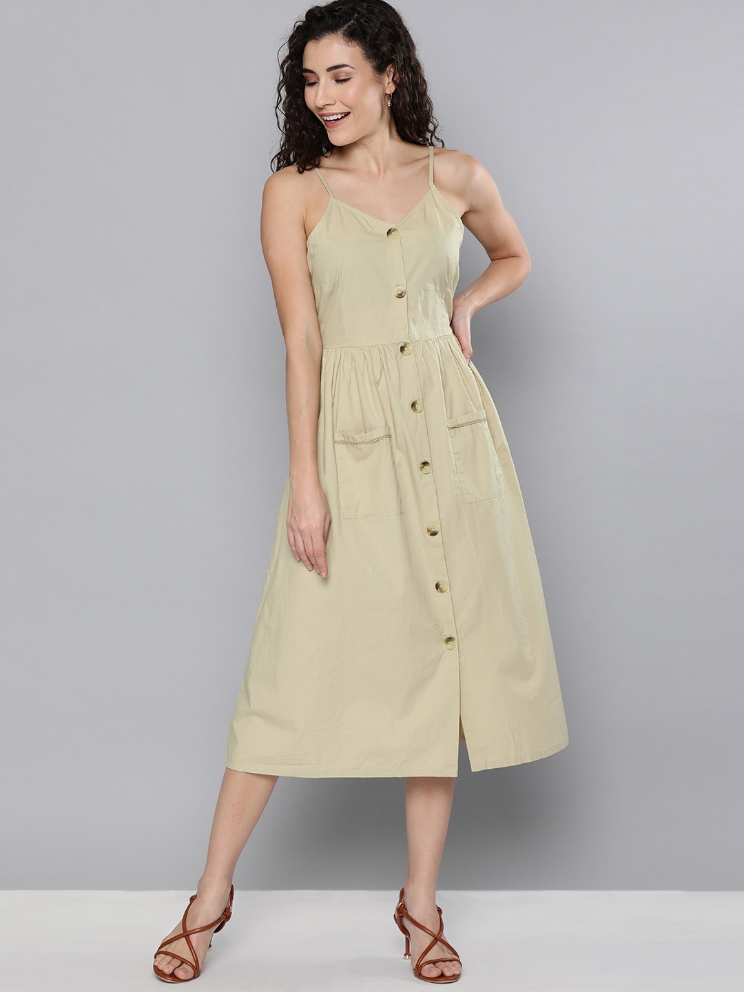 

HERE&NOW Women Beige Solid Gathered A-Line Dress with Pockets