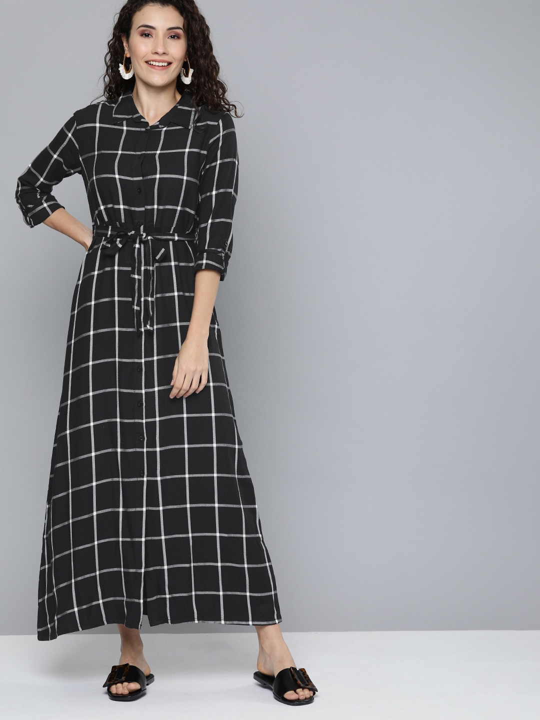 

HERE&NOW Women Black & Grey Checked Maxi Dress