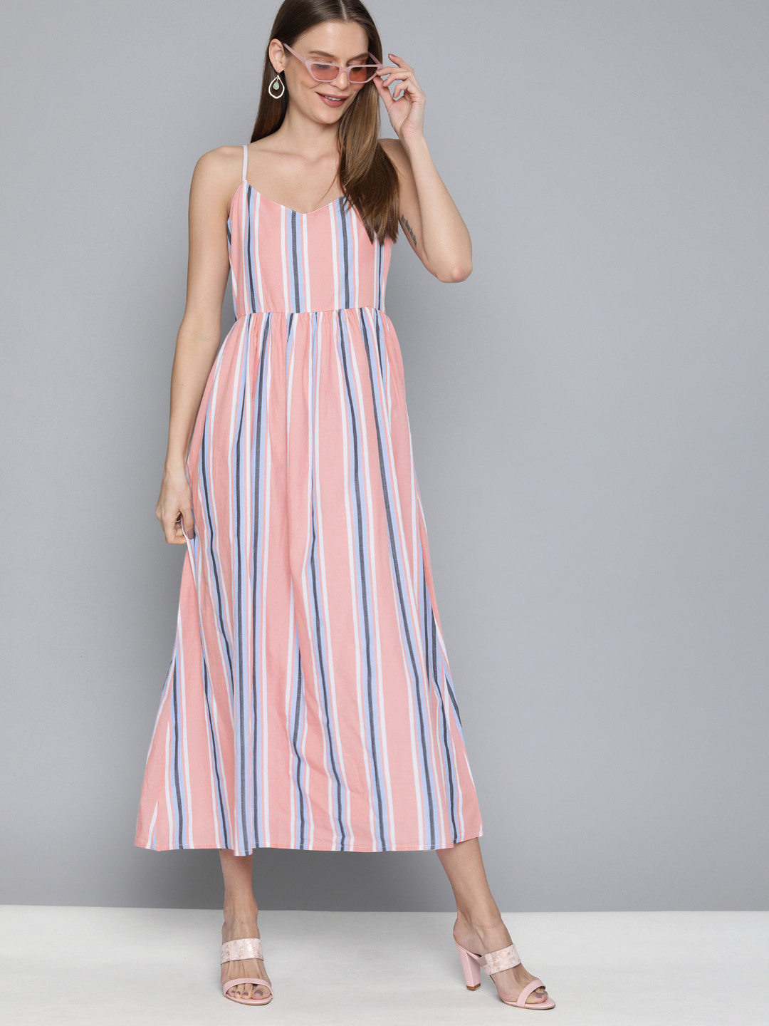 

HERE&NOW Women Peach-Coloured And Blue Striped A-Line Dress