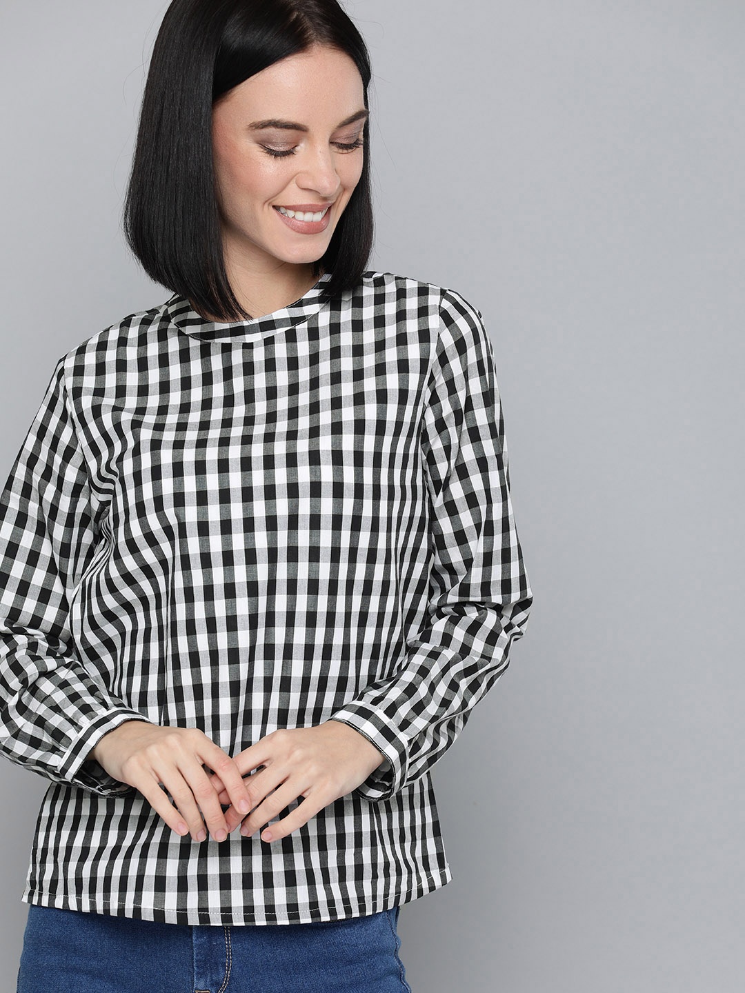 

HERE&NOW Women Black & White Checked Pure Cotton Top