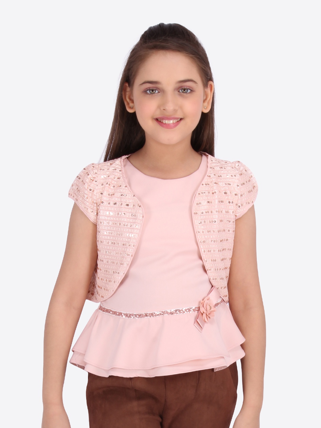 

CUTECUMBER Girls Peach Solid Peplum Top with Sequinned Shrug