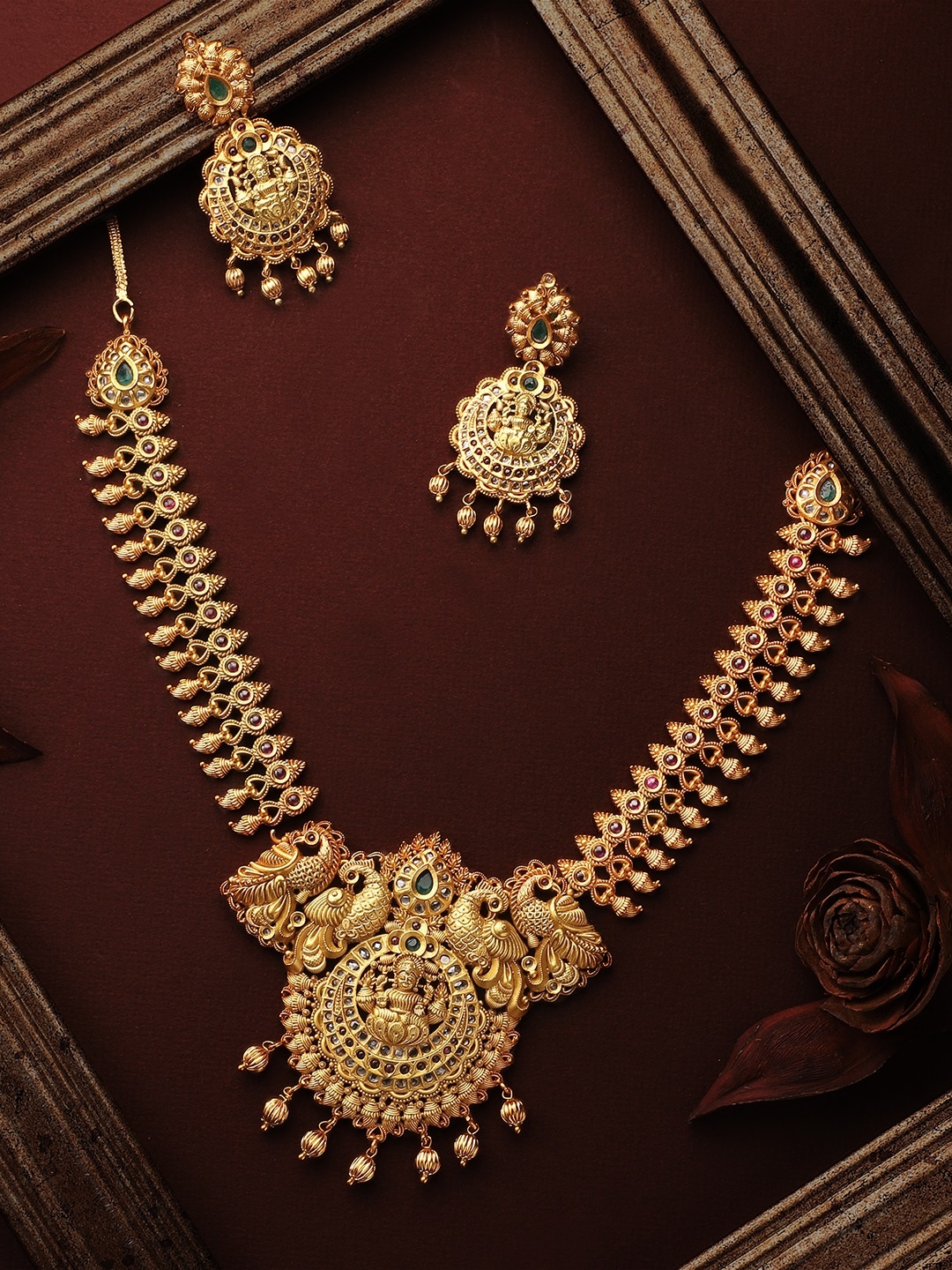 

Rubans Gold-Plated Red & Green Temple Handcrafted Jewellery Set