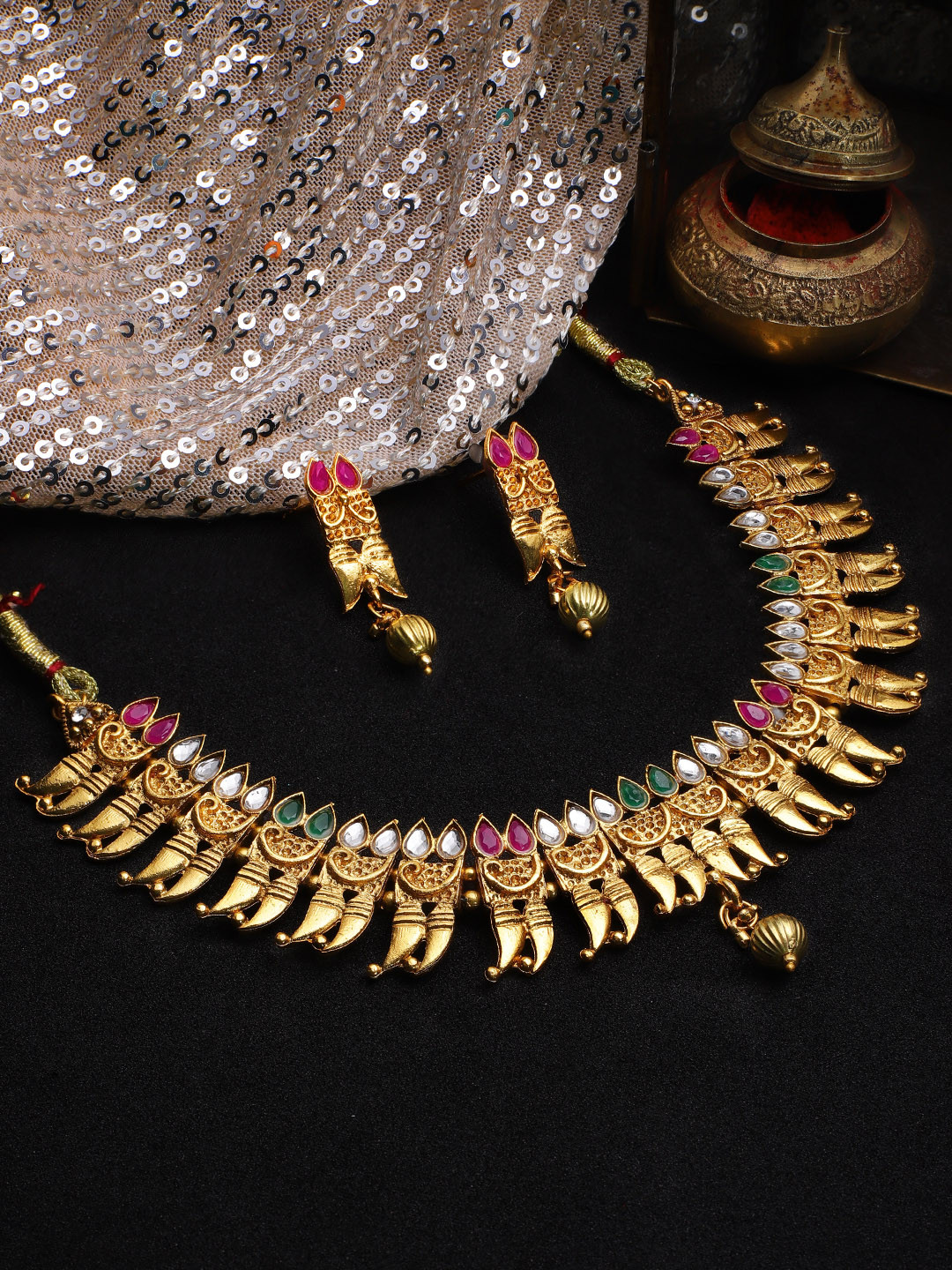 

Rubans Gold-Plated & Pink Kundan-Studded Handcrafted Traditional Jewellery Set
