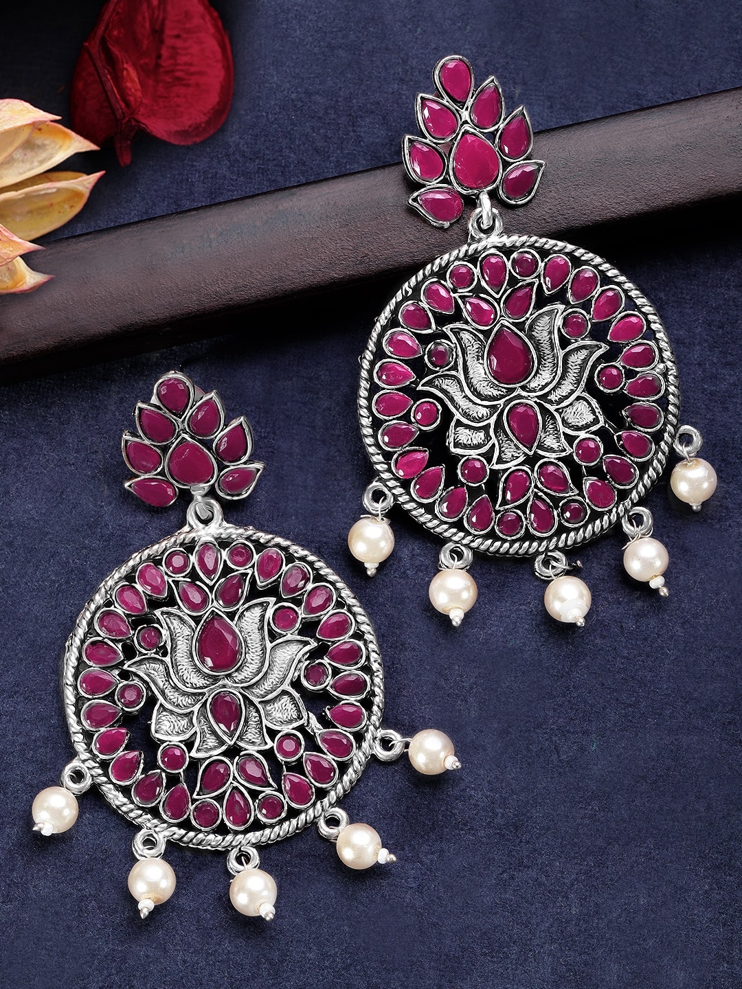 

Rubans Silver-Plated & Maroon Handcrafted Floral Chandbalis