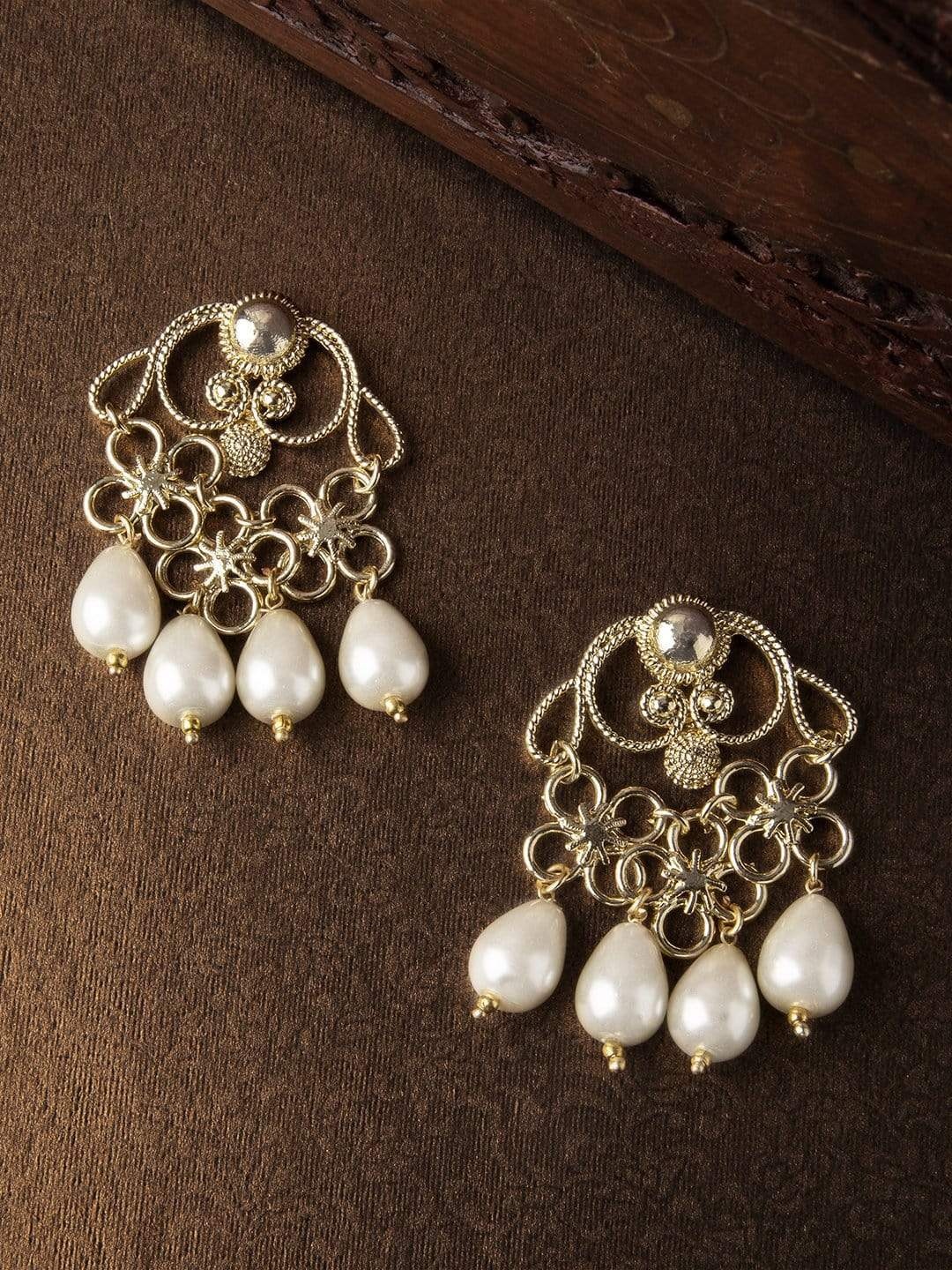 

Rubans Gold Plated & White Classic Handcrafted Pearls Studded Drop Earrings
