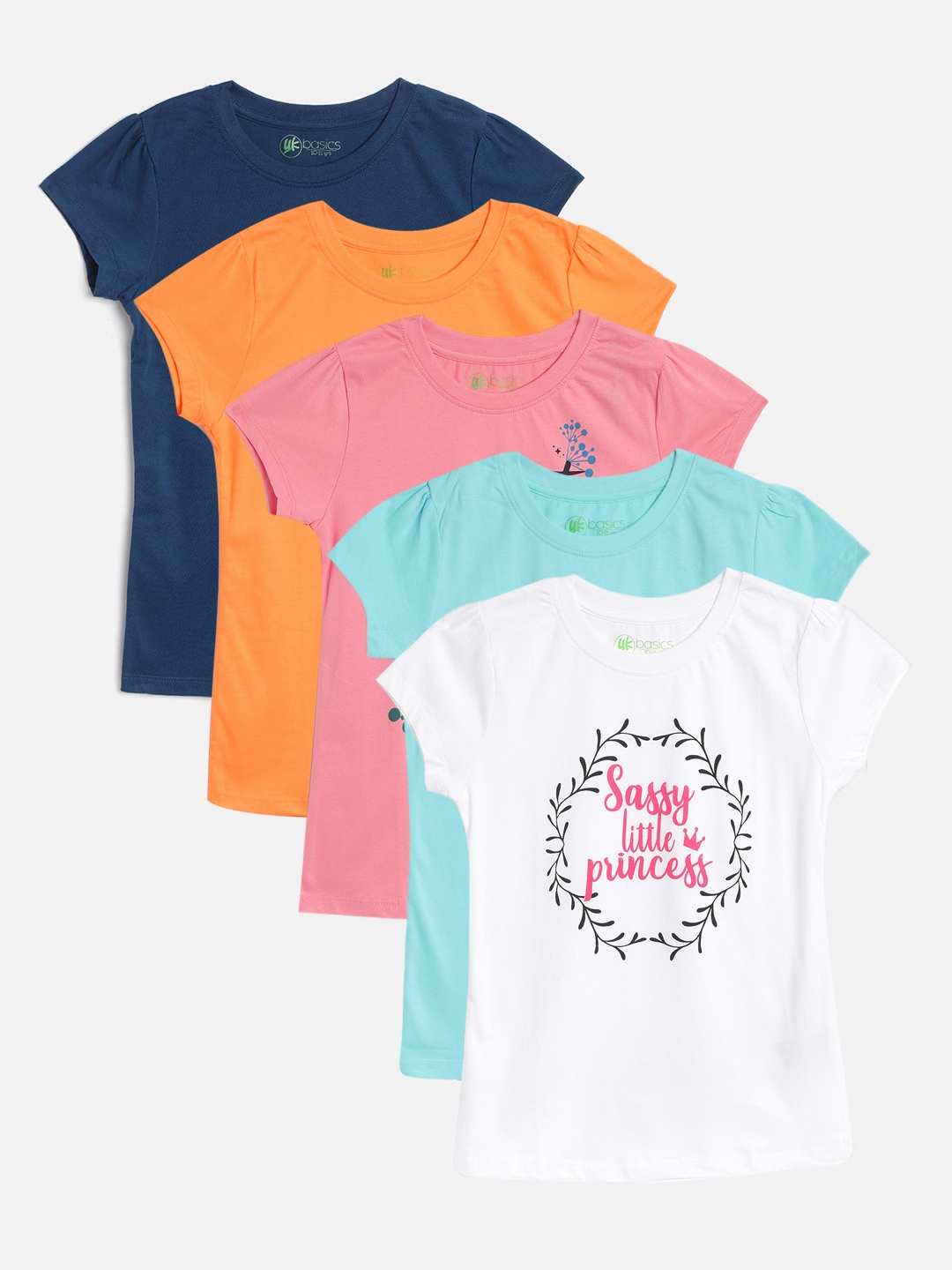 

YK Basics Girls Pack of 5 Printed Round Neck Pure Cotton T-shirts, Multi