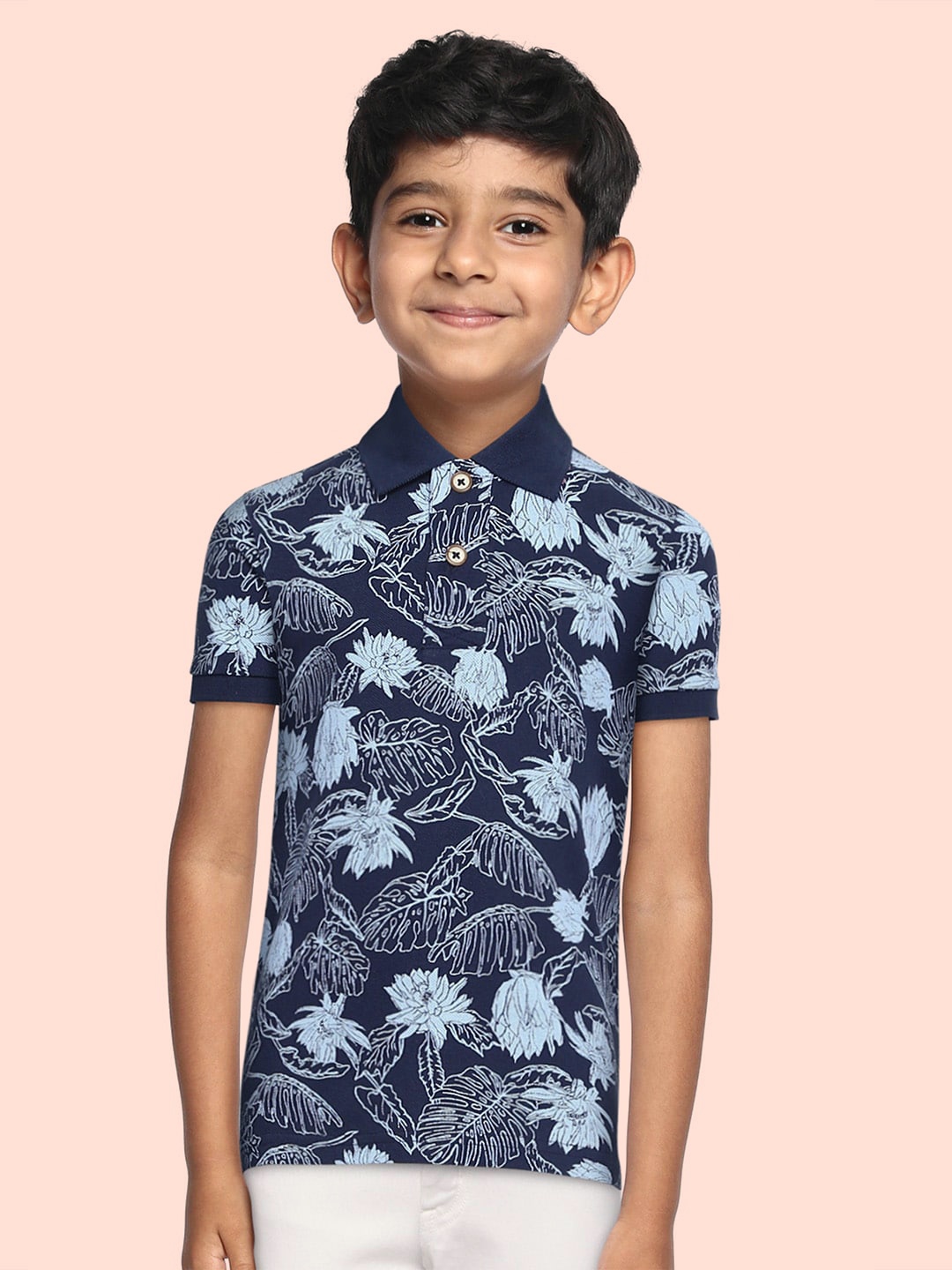 

Flying Machine Boys Navy Blue Floral Printed Polo Collar Pure Cotton T-shirt