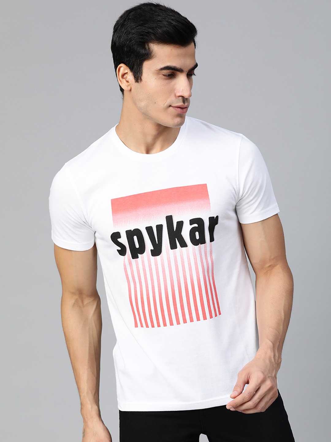 

UnderJeans by Spykar Men White & Coral Red Printed Round Neck T-shirt