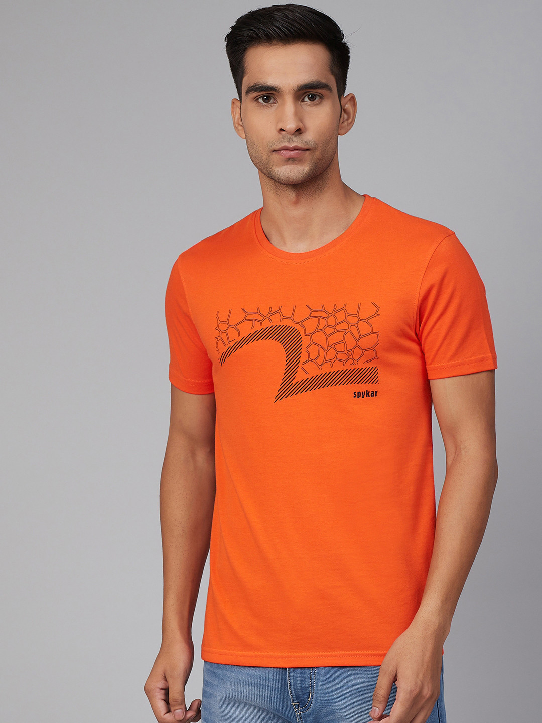 

UnderJeans by Spykar Men Orange & Black Printed Round Neck T-shirt