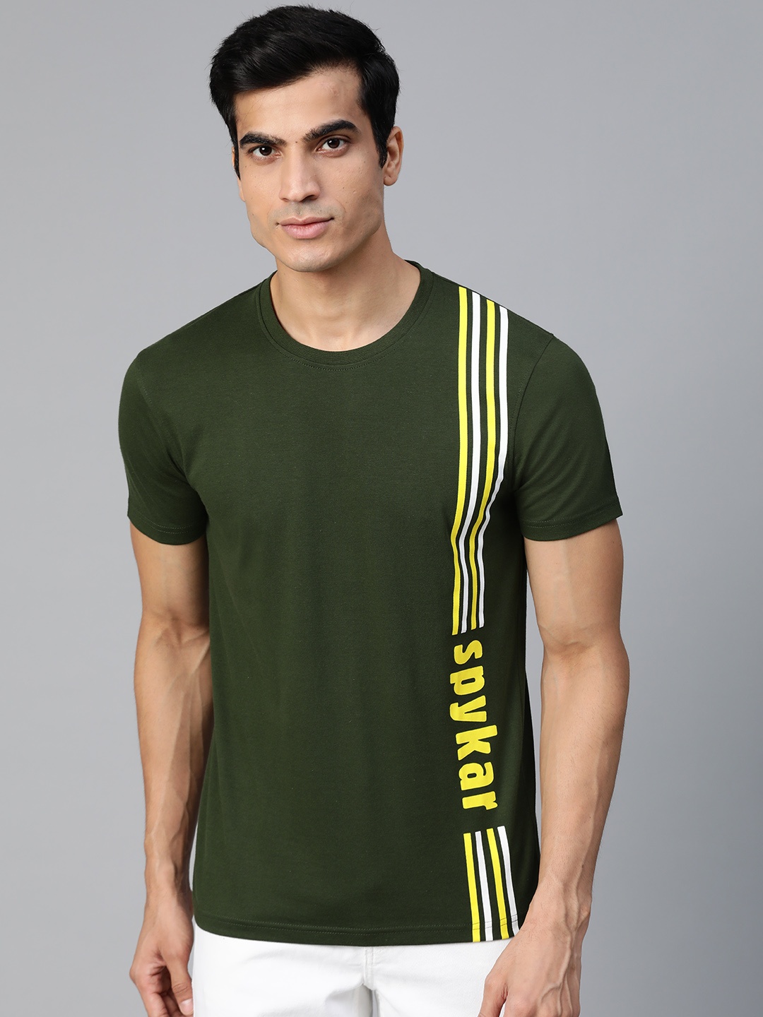 

UnderJeans by Spykar Men Olive Green Striped Detail Round Neck T-shirt