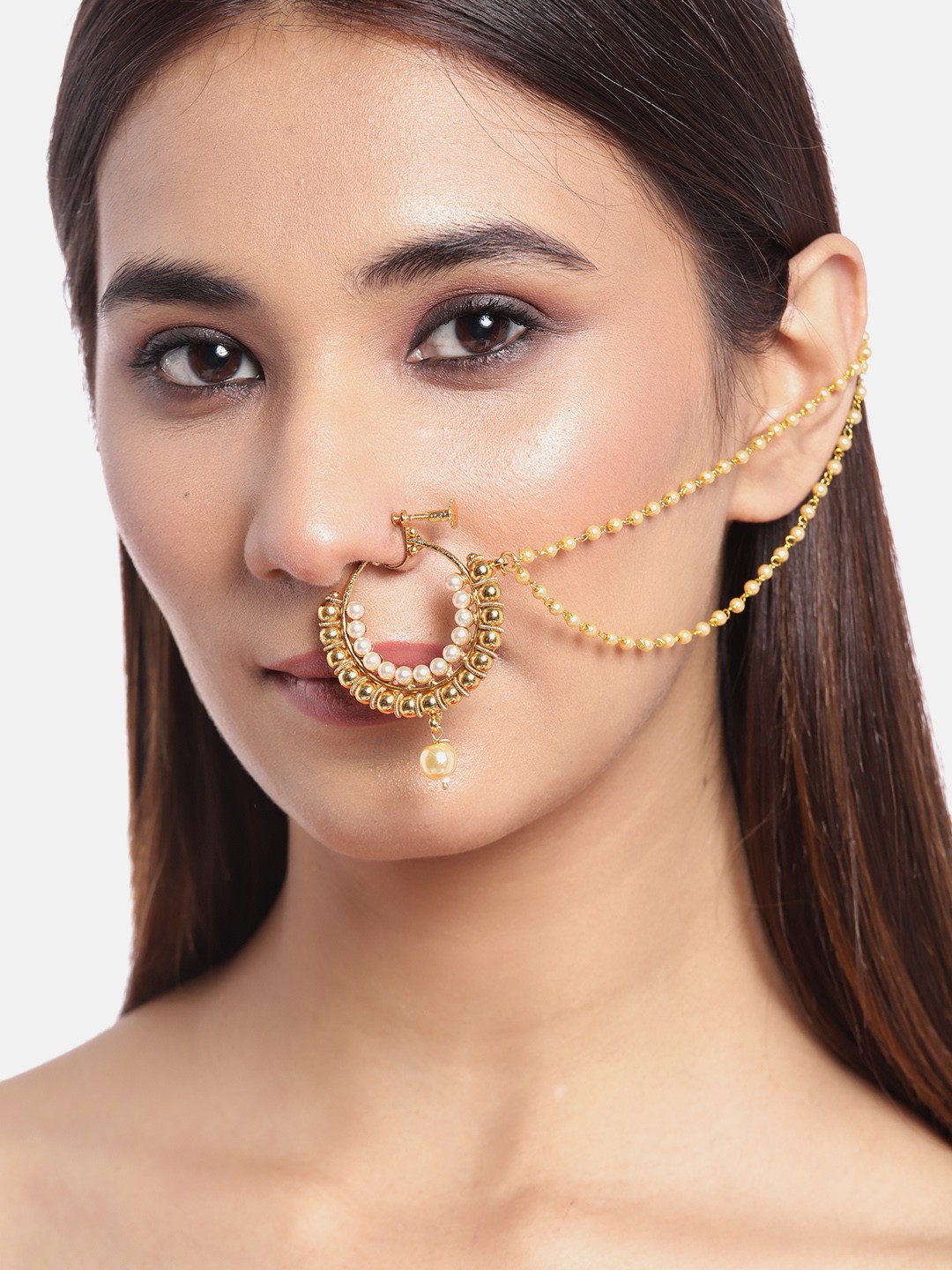 

JEWELS GEHNA Off-White Gold-Plated Beaded Nose Ring with Chain