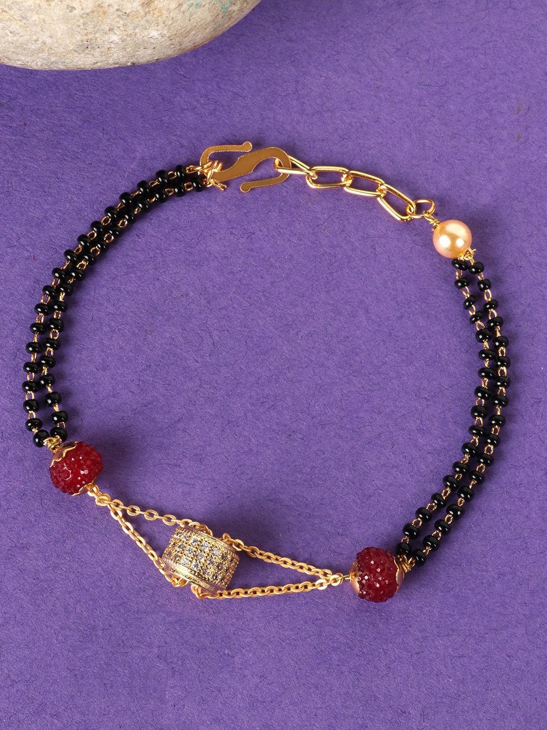 

JEWELS GEHNA Black & Pink Gold-Plated Beaded & AD-Studded Mangalsutra Bracelet