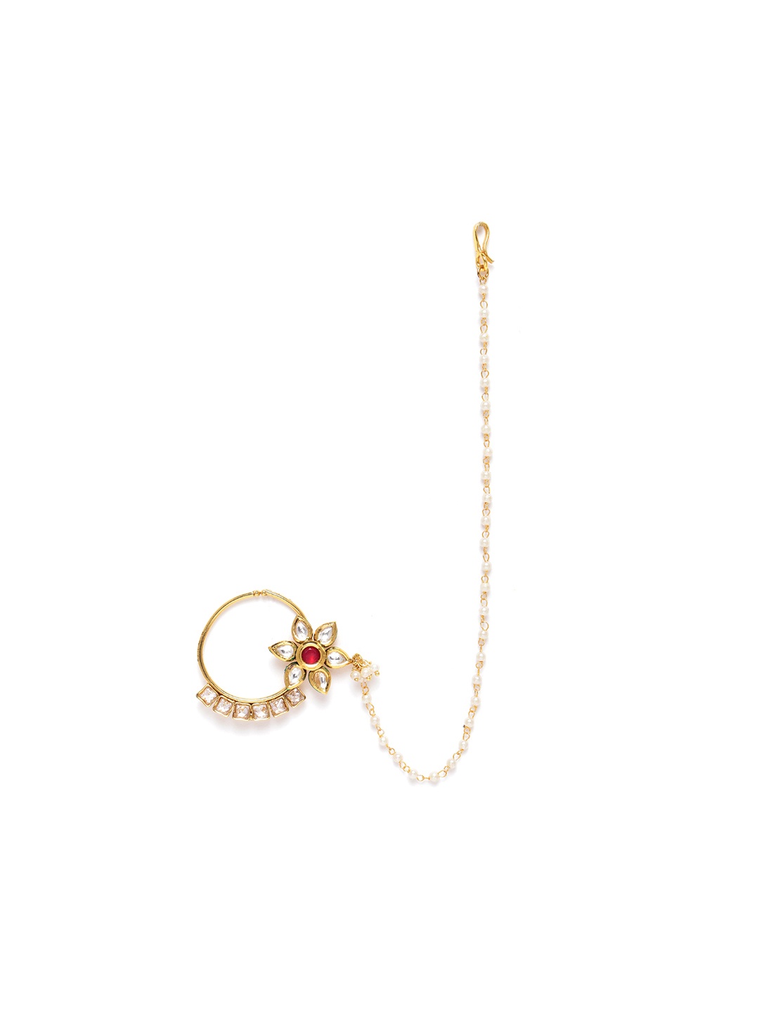 

JEWELS GEHNA Off-White & Red Gold-Plated Kundan Studded & Beaded Nose Ring with Chain