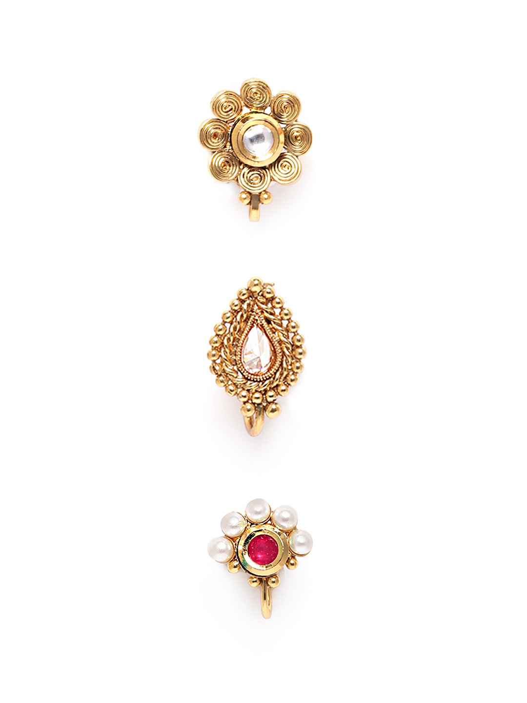 

JEWELS GEHNA Set of 3 Gold-Plated Kundan Studded & Beaded Nose Studs