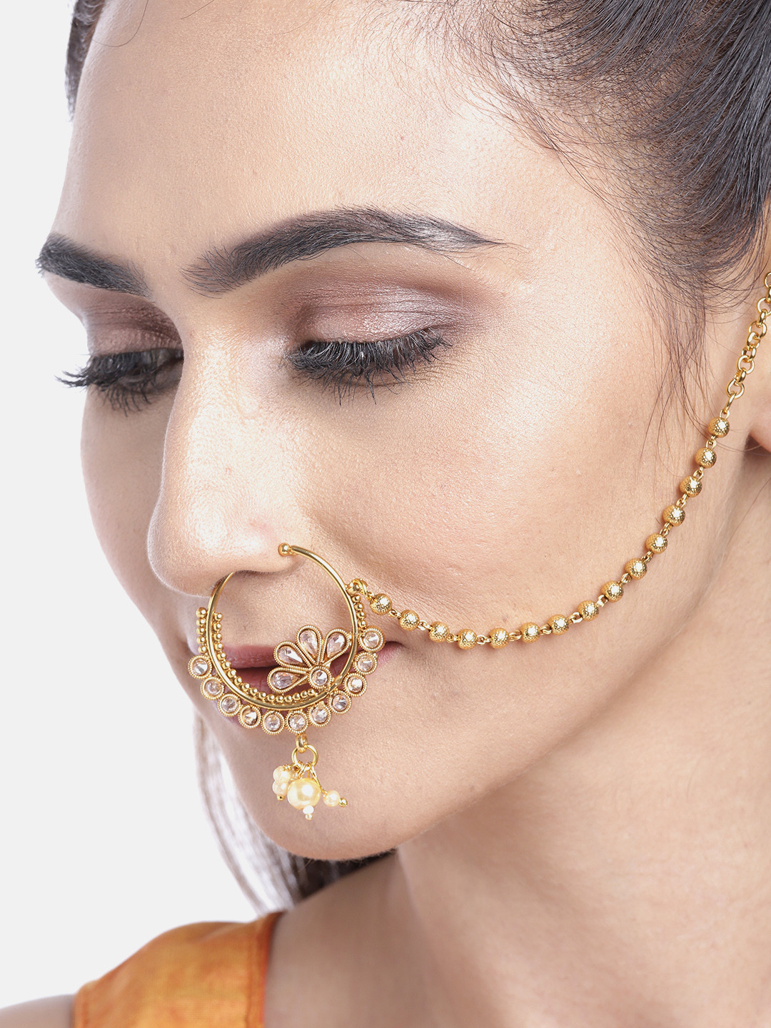 

JEWELS GEHNA Gold-Plated CZ Studded & Beaded Nose Ring with Chain