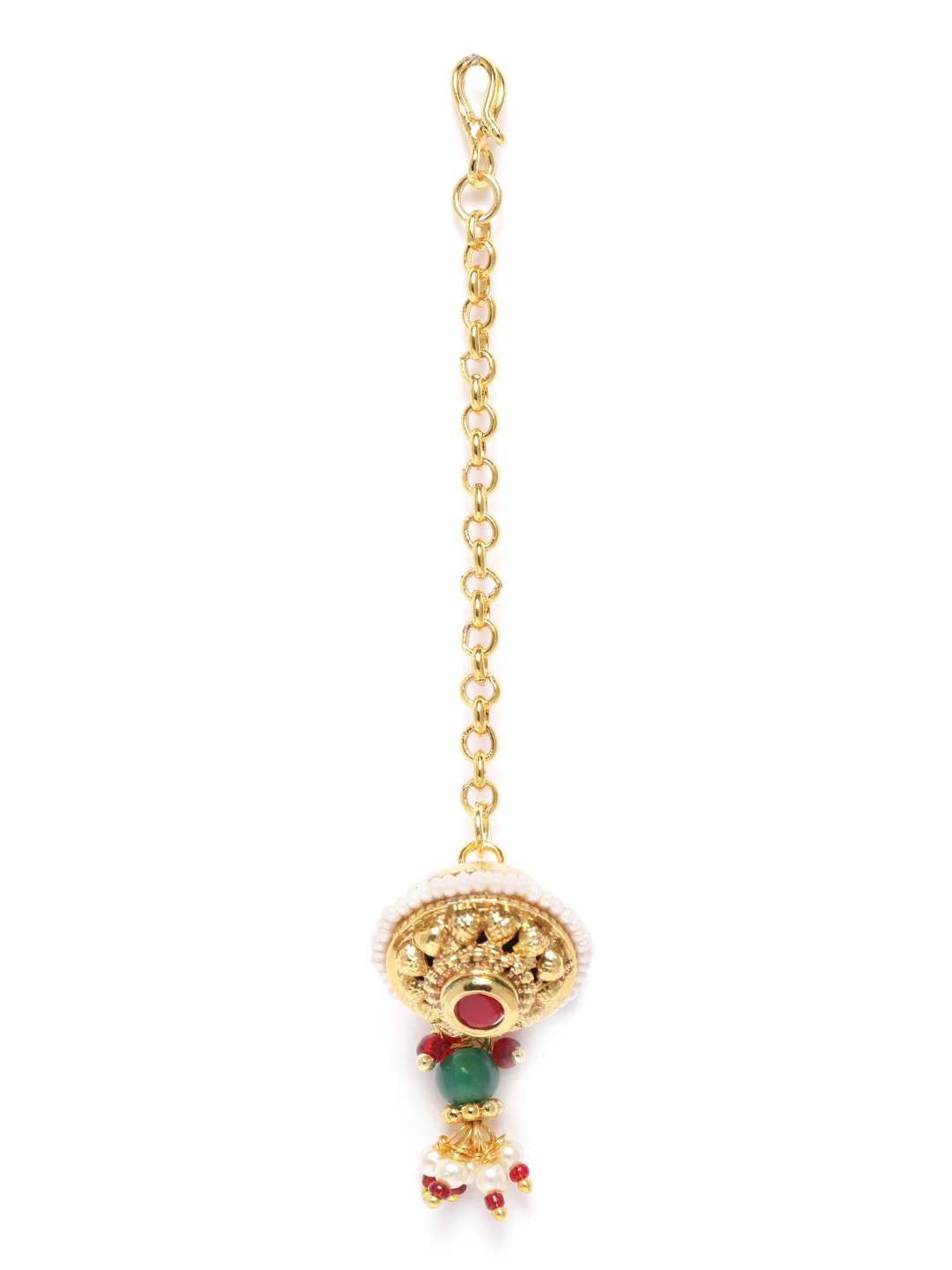 

JEWELS GEHNA Red & Green Gold-Plated Kundan-Studded & Beaded Borla Maang Tika