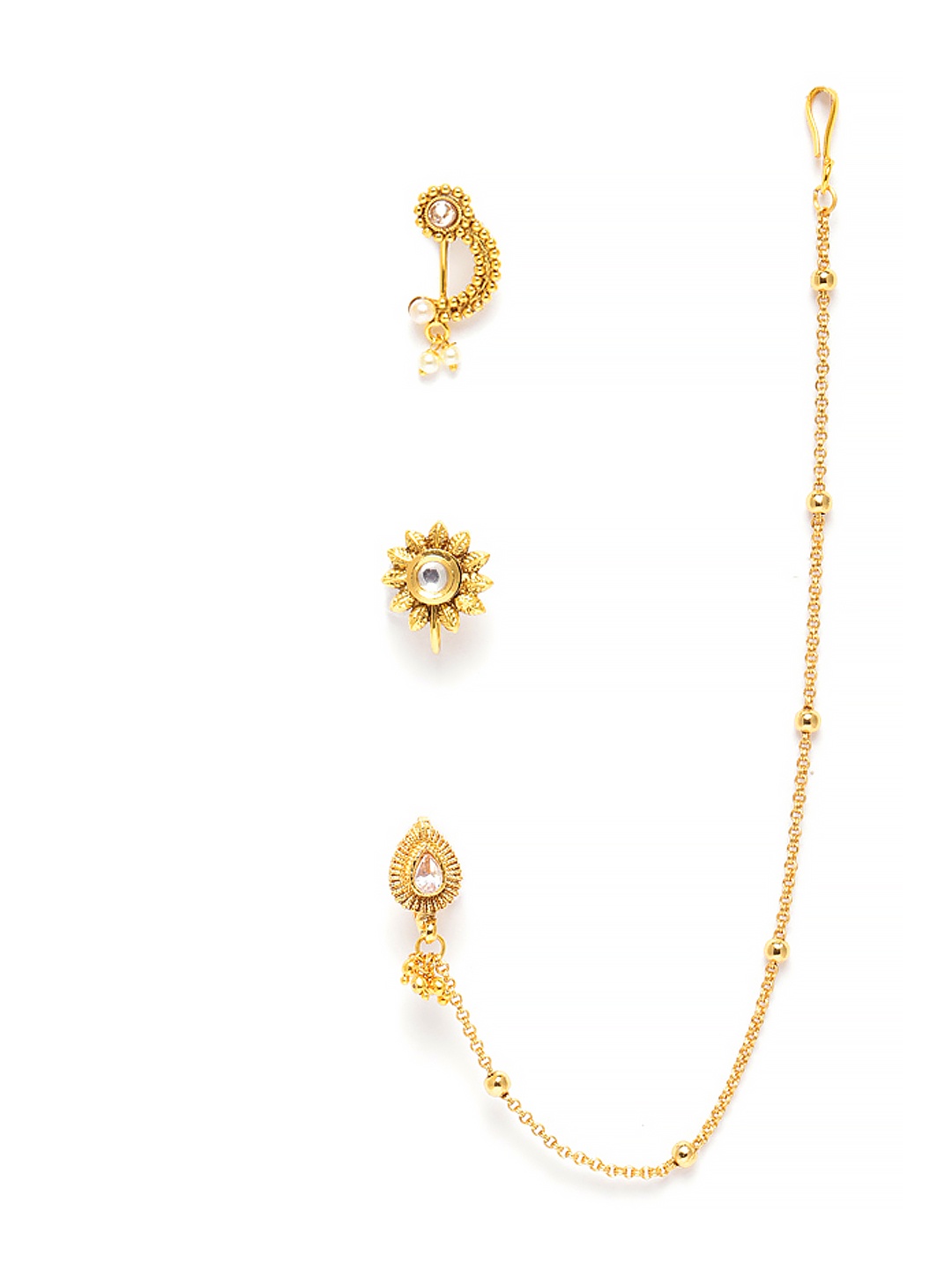 

JEWELS GEHNA Set of 3 Gold-Toned Stone Studded & Beaded Nose Pins