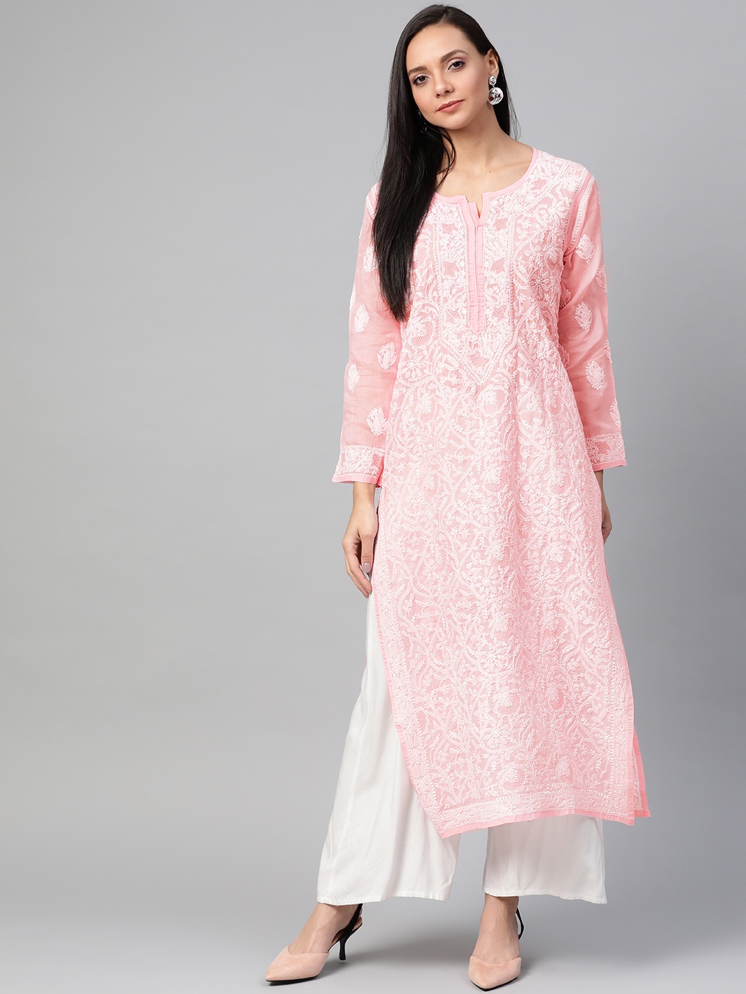 

ADA Women Pink & White Chikankari Hand Embroidered Straight Sustainable Kurta