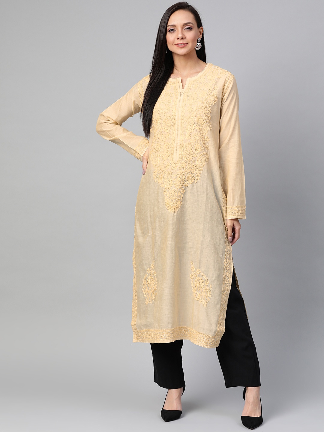 

ADA Women Beige Chanderi Cotton Chikankari Hand Embroidered Straight Sustainable Handloom Kurta