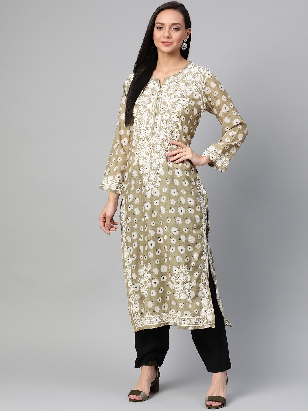 

ADA Women Olive Green & White Printed Straight Sustainable Handloom Kurta With Chikankari Hand Embroidered