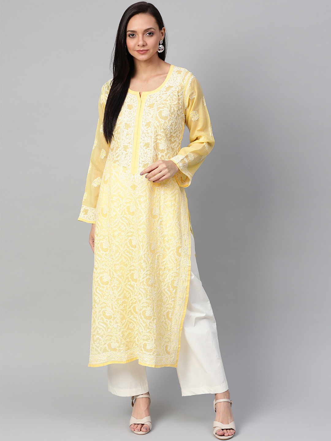

ADA Women Yellow & White Chikankari Hand Embroidered Straight Sustainable Handloom Kurta
