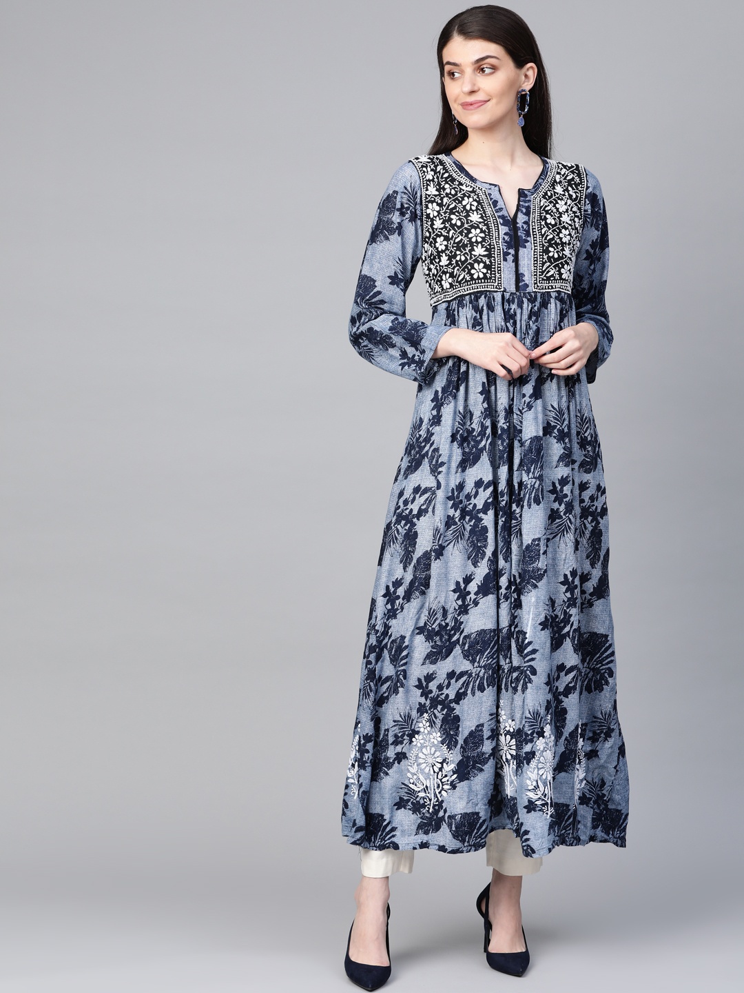 

ADA Women Blue & White Printed Chikankar Embroidered Anarkali Kurta