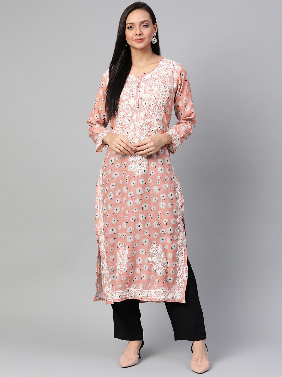 

ADA Women Pink & Off-White Floral Printed Straight Handloom Kurta