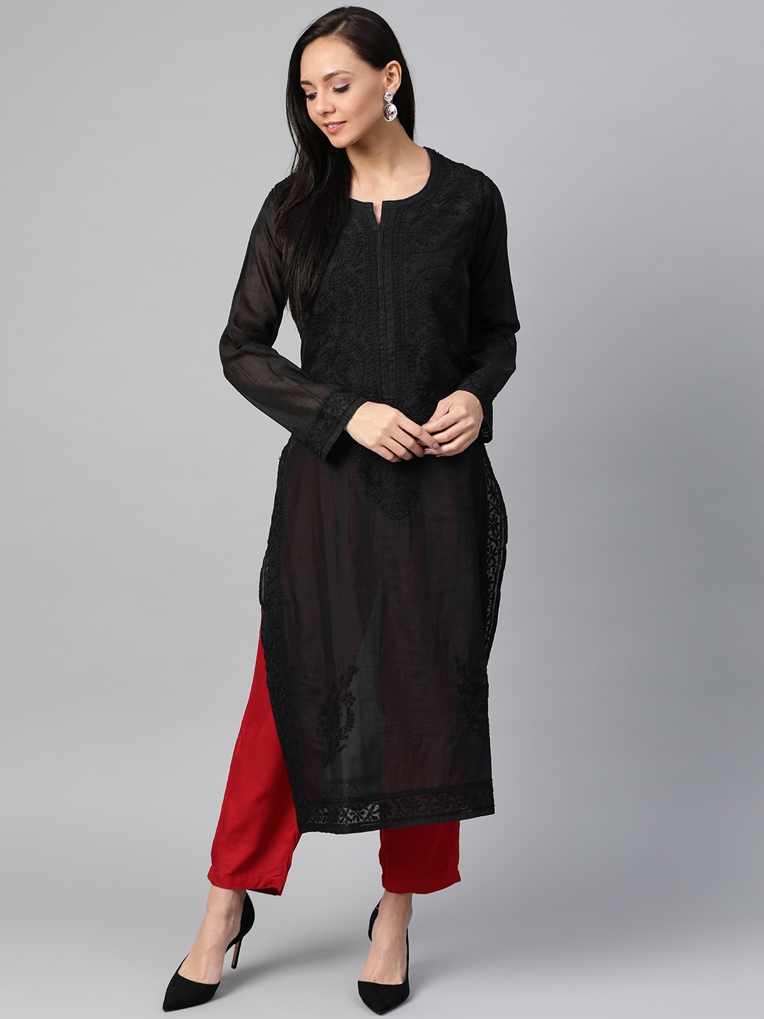 

ADA Women Black Chikankari Hand Embroidered Straight Sustainable Handloom Kurta