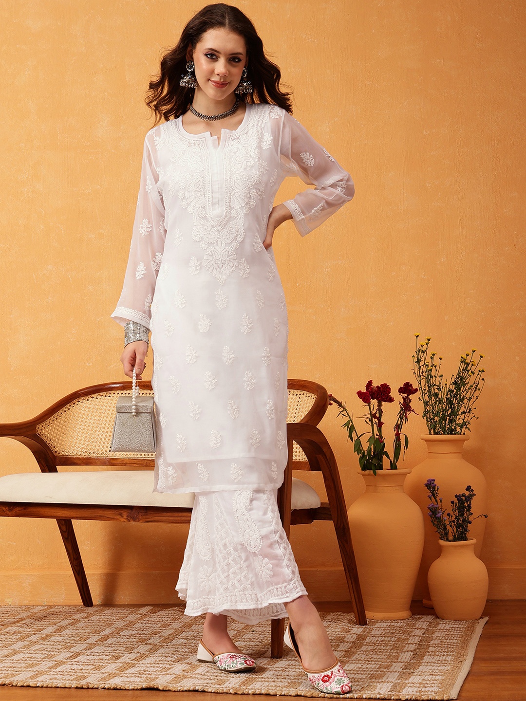 

ADA Women White Chikankari Hand Embroidered Straight Sustainable Handloom Kurta With Slip