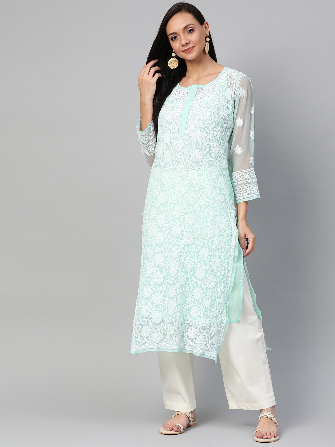 

ADA Women Sea Green & White Chikankari Hand Embroidered Straight Handloom Kurta
