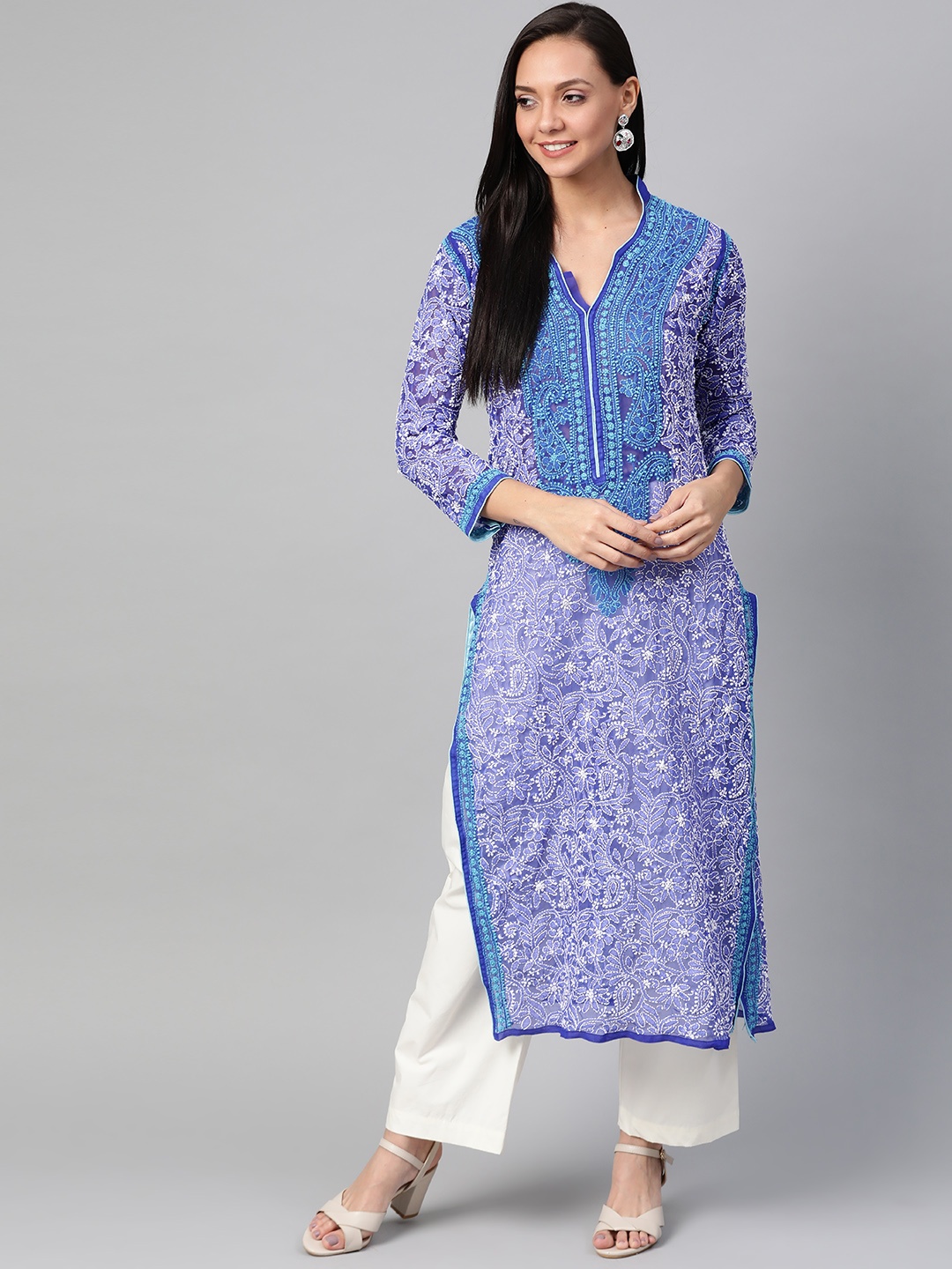

ADA Women Blue & White Chikankari Hand Embroidered Straight Kurta