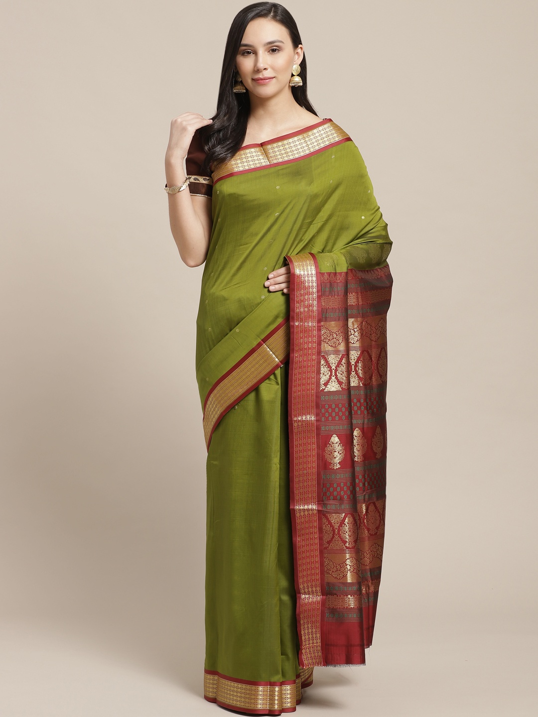 

Chhabra 555 Olive Green Woven Design Kanjeevaram Saree