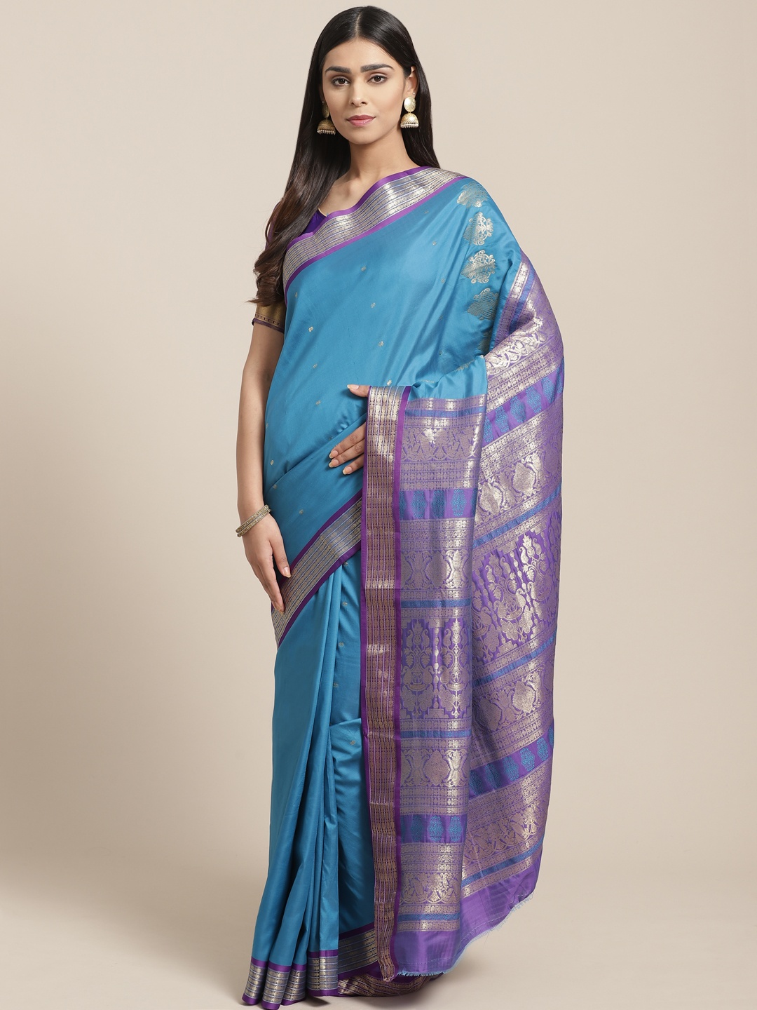 

Chhabra 555 Blue & Golden Zari Weaving Woven Design Kanjeevaram Saree