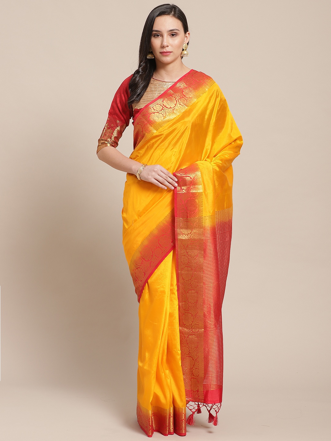 

Chhabra 555 Yellow Handloom Solid Banarasi Saree