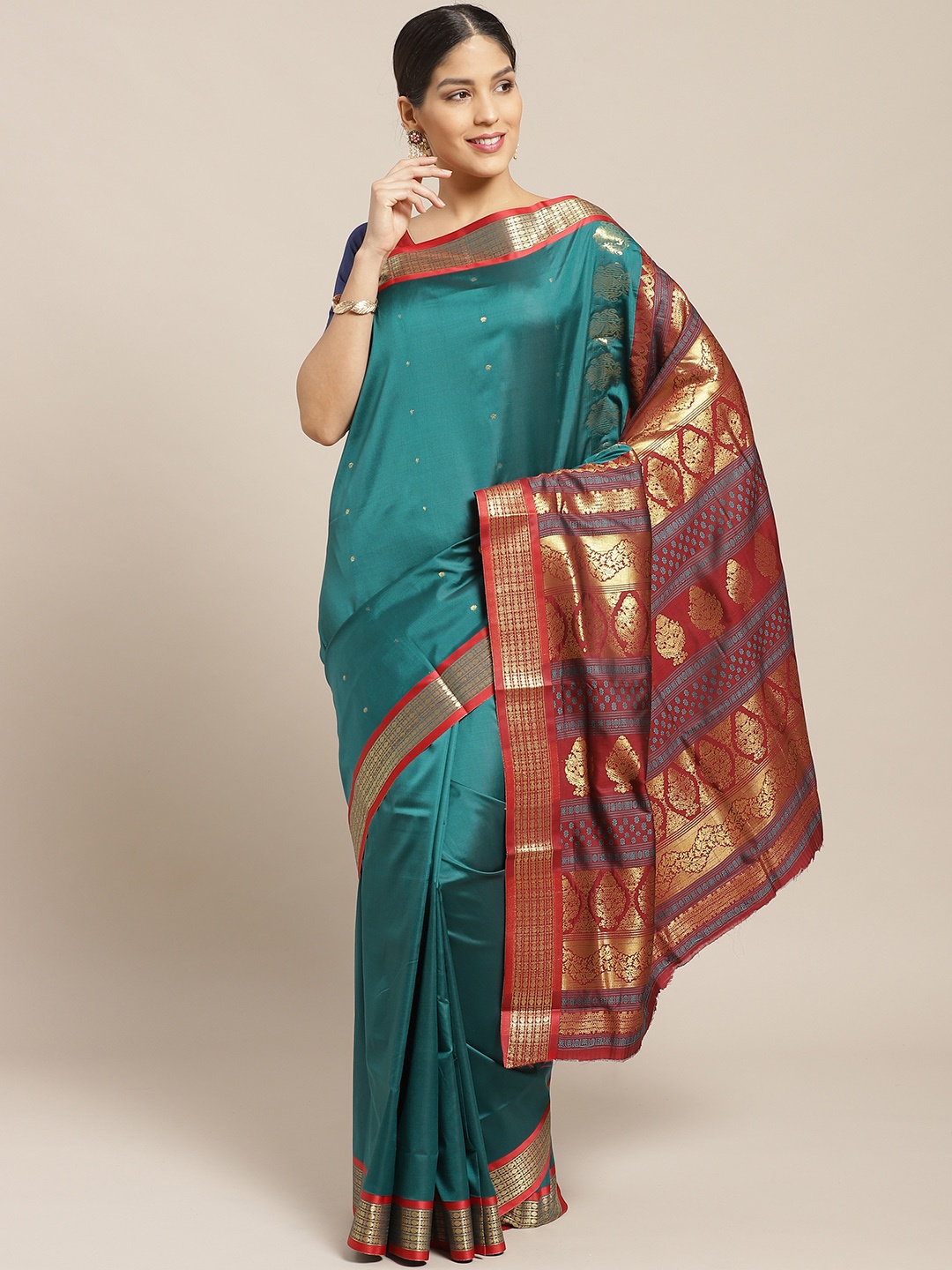 

Chhabra 555 Teal Blue & Golden Woven Design Kanjeevaram Saree