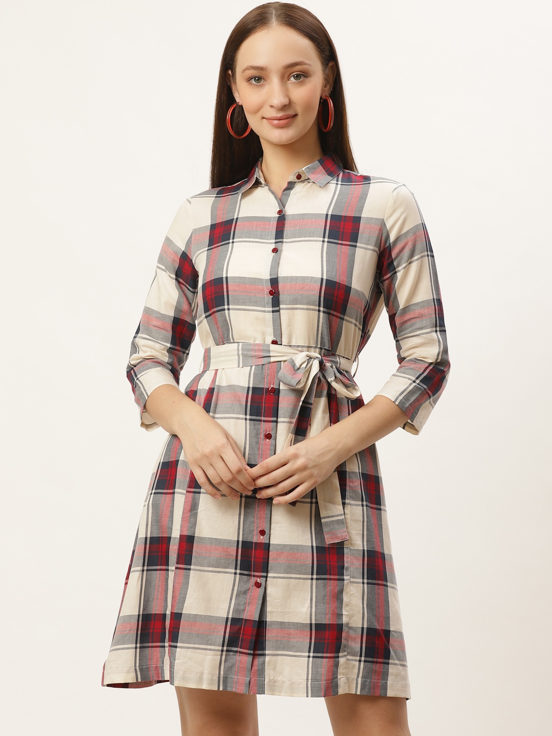 

Style Quotient Women Off-White & Red Checked Shirt Dress