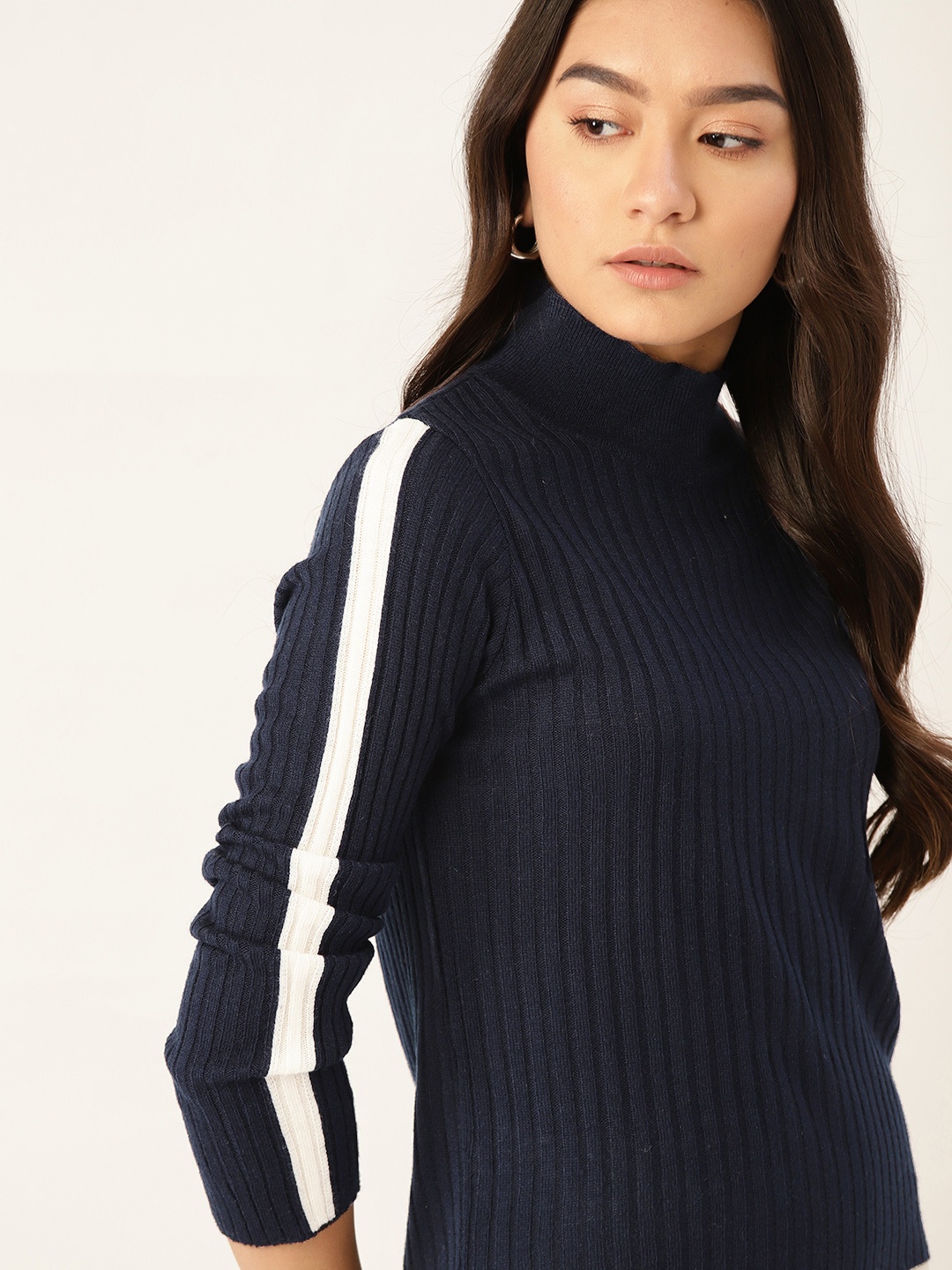 

DressBerry Women Navy Blue Self-Striped Pullover Sweater