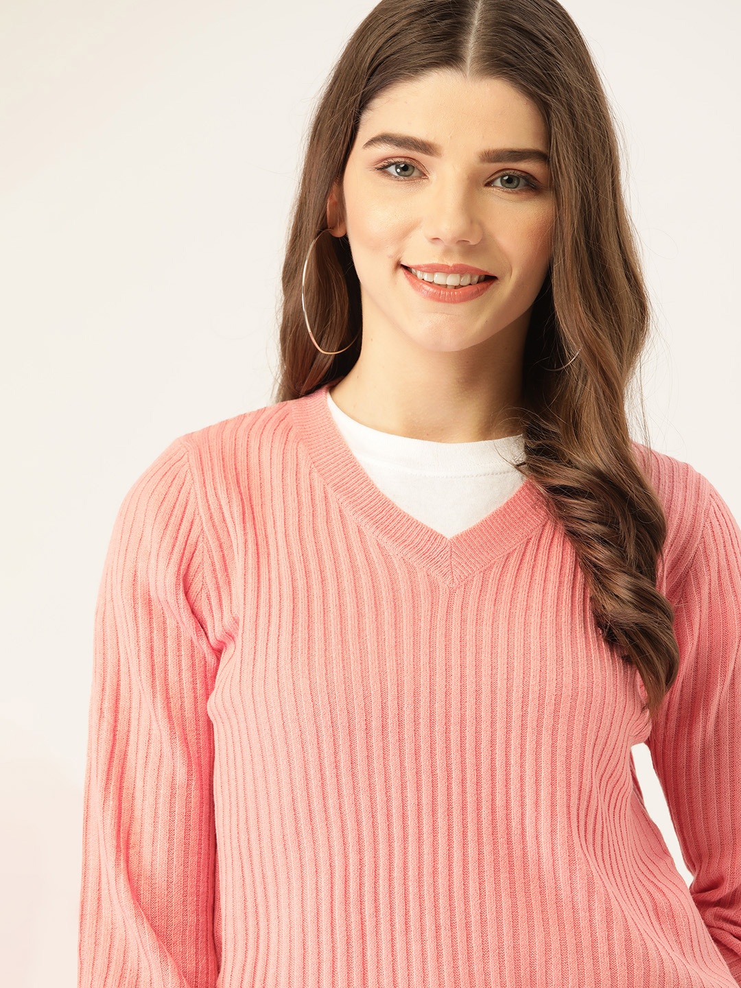 

DressBerry Women Peach-Coloured Self-Striped Pullover Sweater