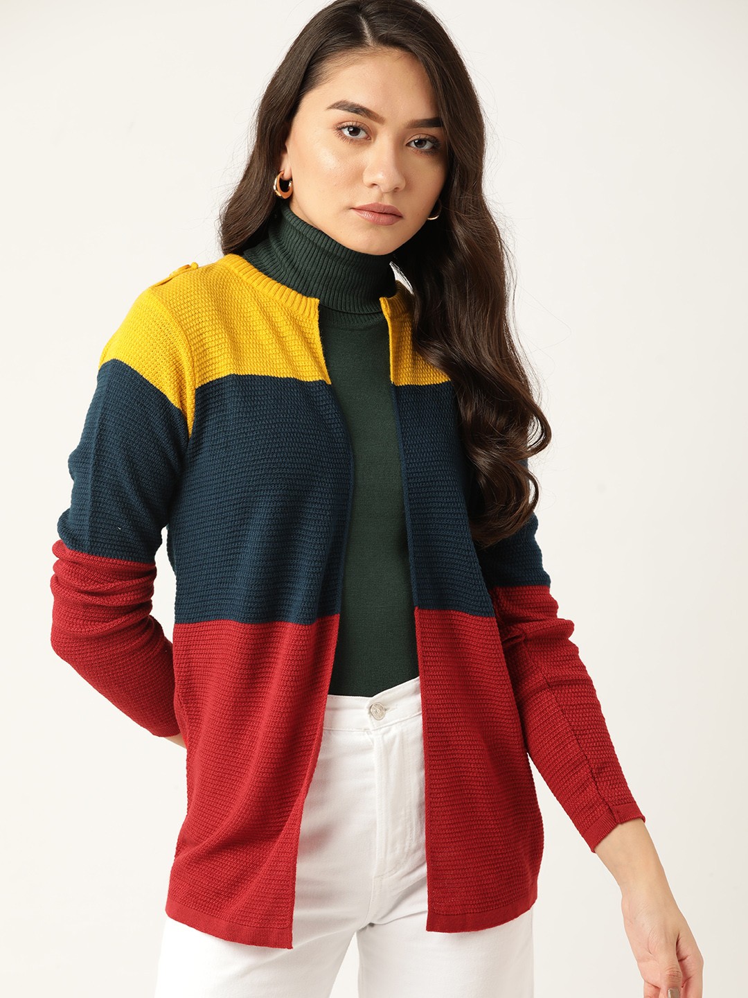 

DressBerry Women Maroon & Navy Blue Colourblocked Longline Front-Open Sweater