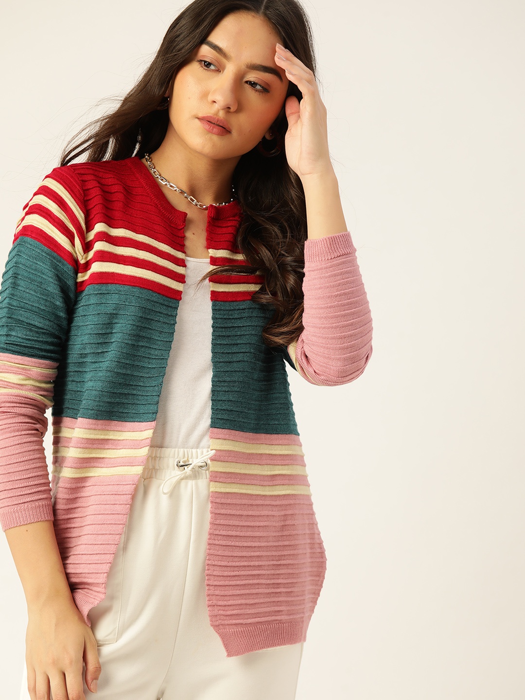 

DressBerry Women Pink & Teal Green Colourblocked Front-Open Sweater
